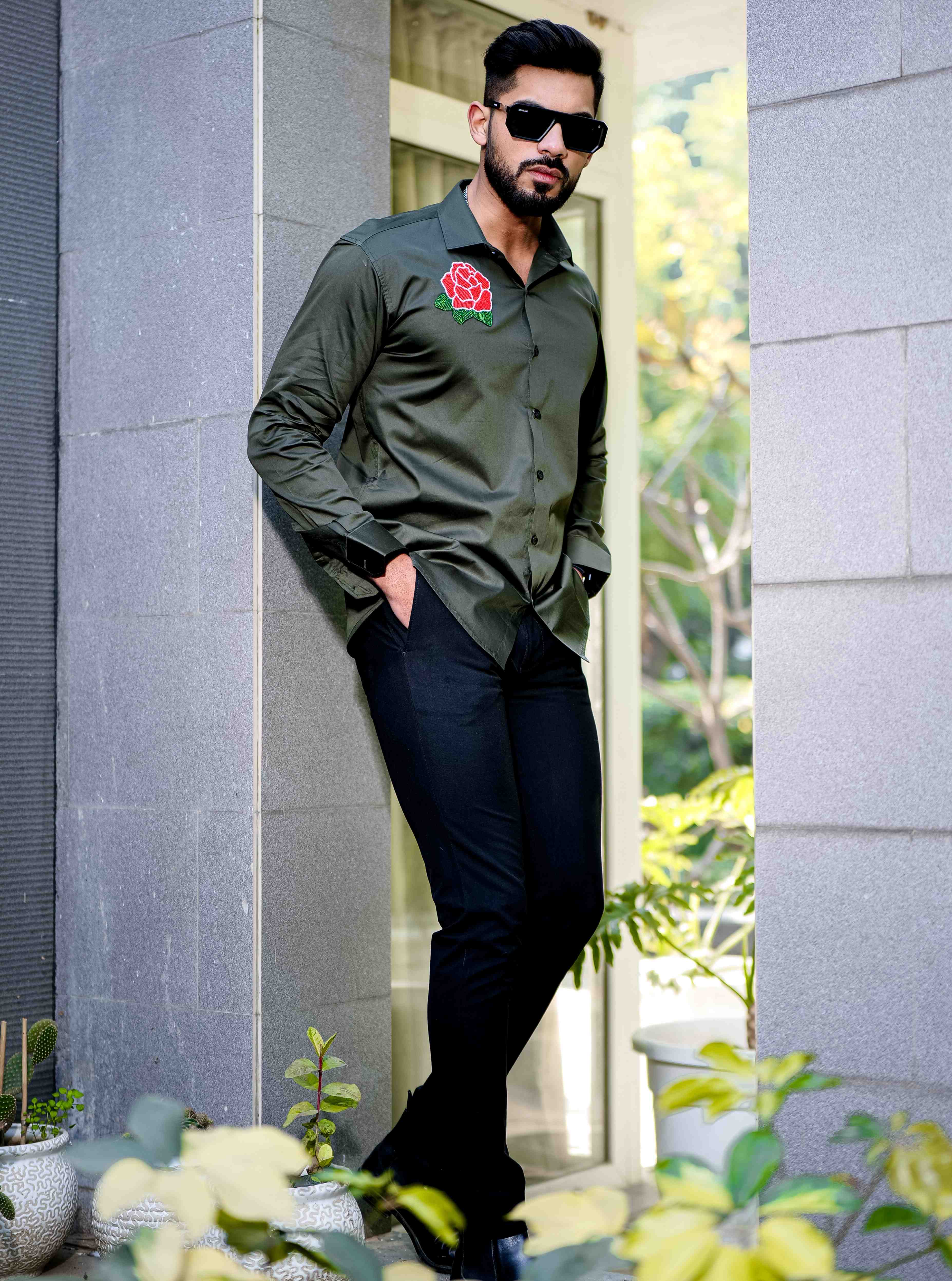Olive Rhinestone Party Satin Cotton Premium Shirt - Image 4