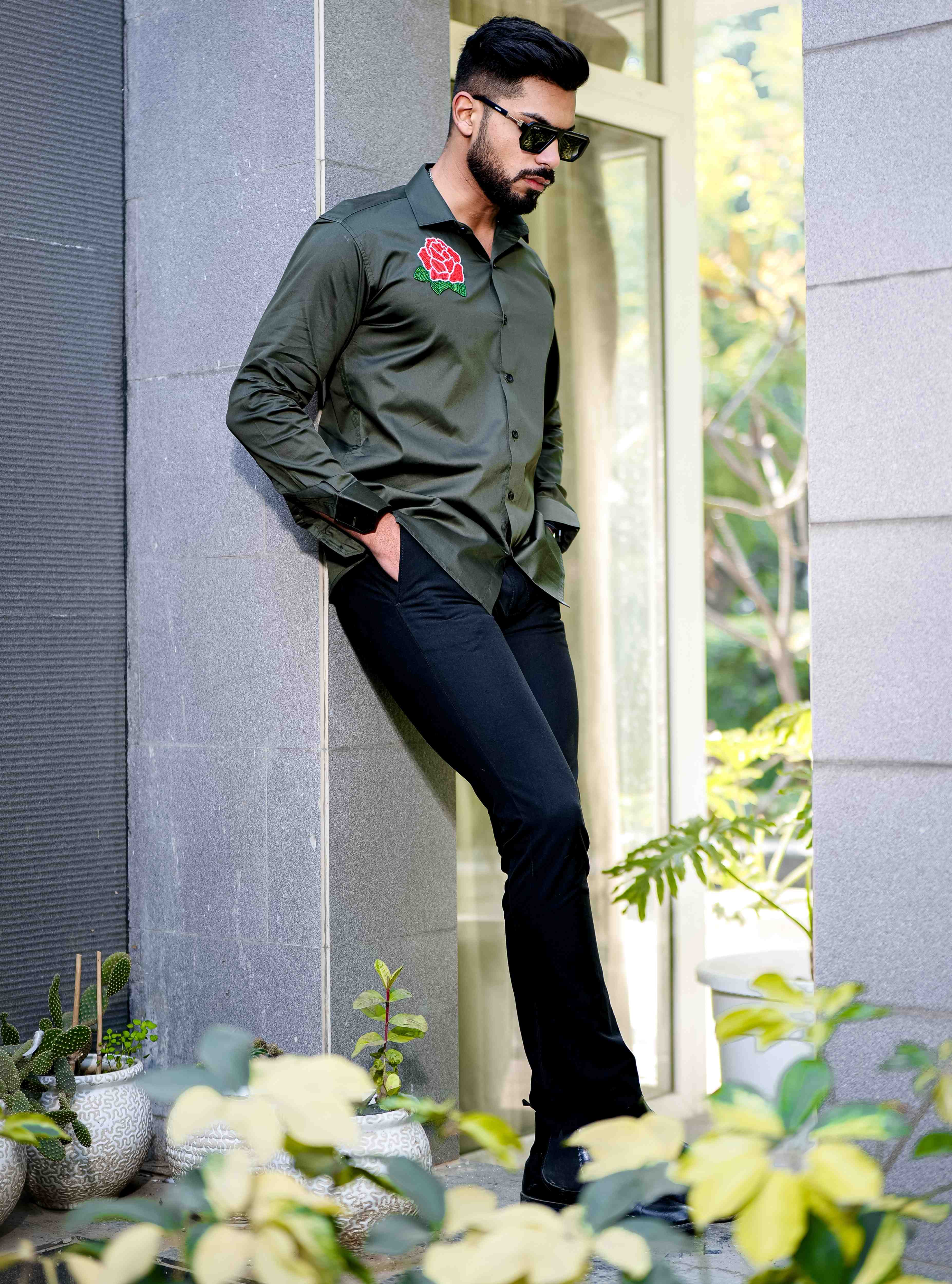 Olive Rhinestone Party Satin Cotton Premium Shirt - Image 5
