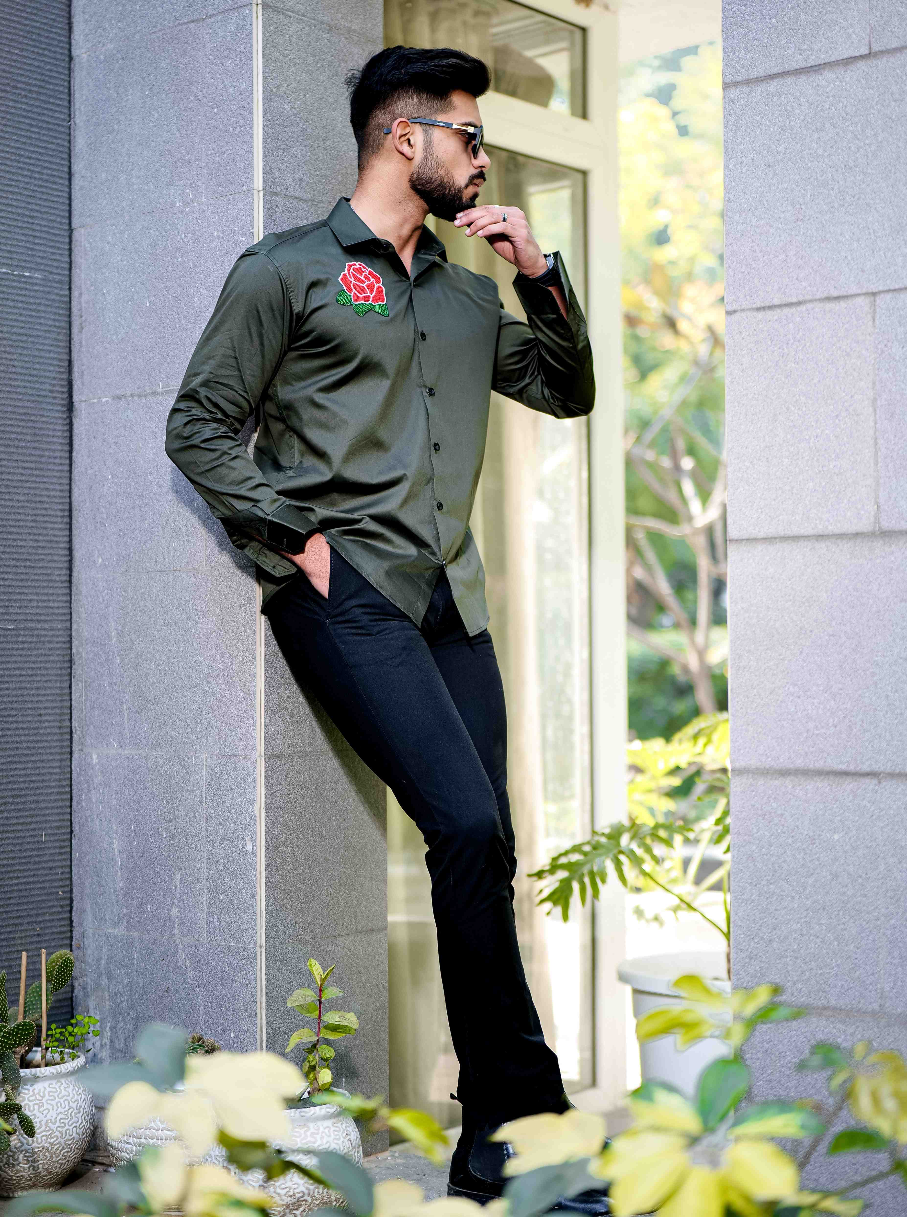 Olive Rhinestone Party Satin Cotton Premium Shirt - Image 6