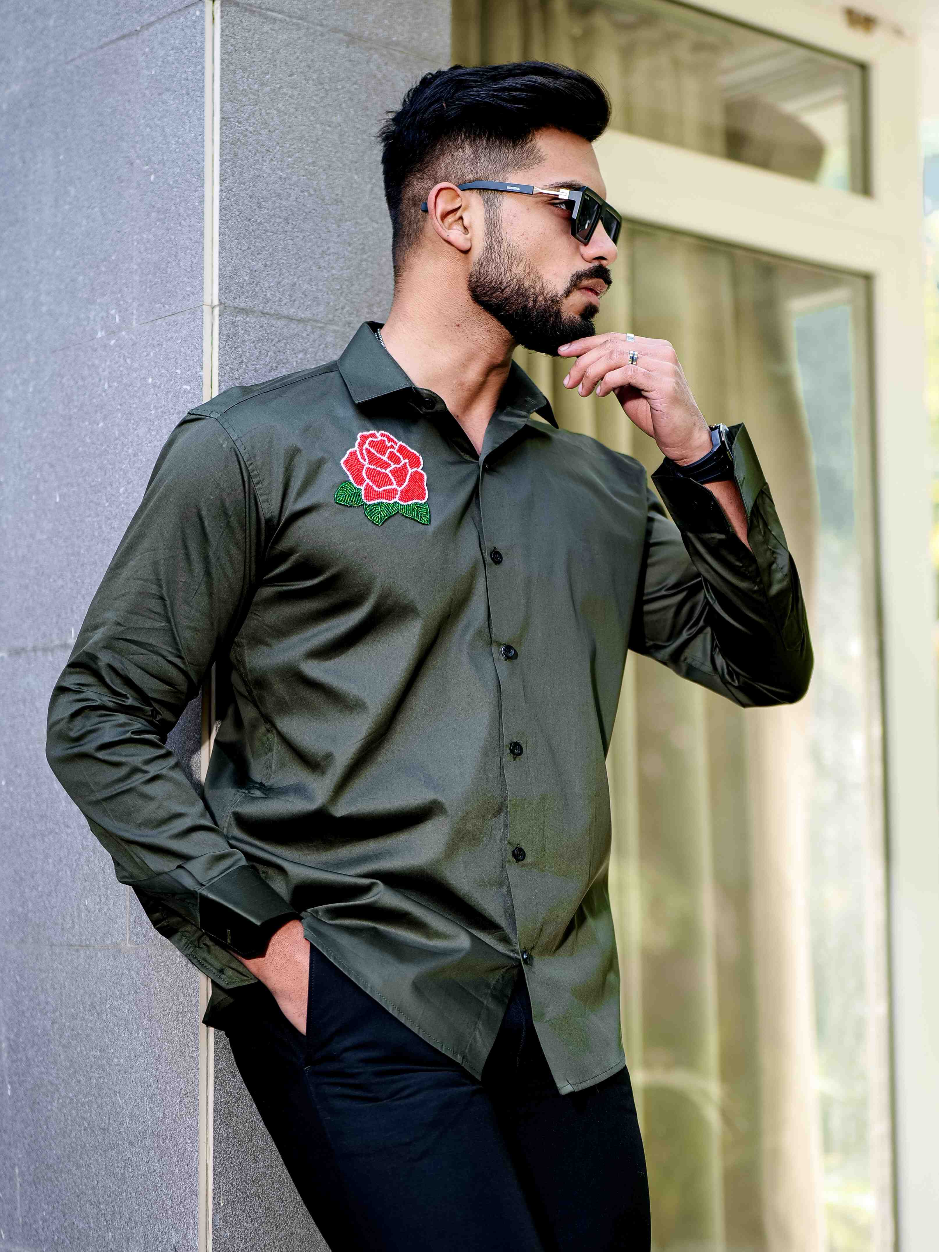 Olive Rhinestone Party Satin Cotton Premium Shirt - Image 7