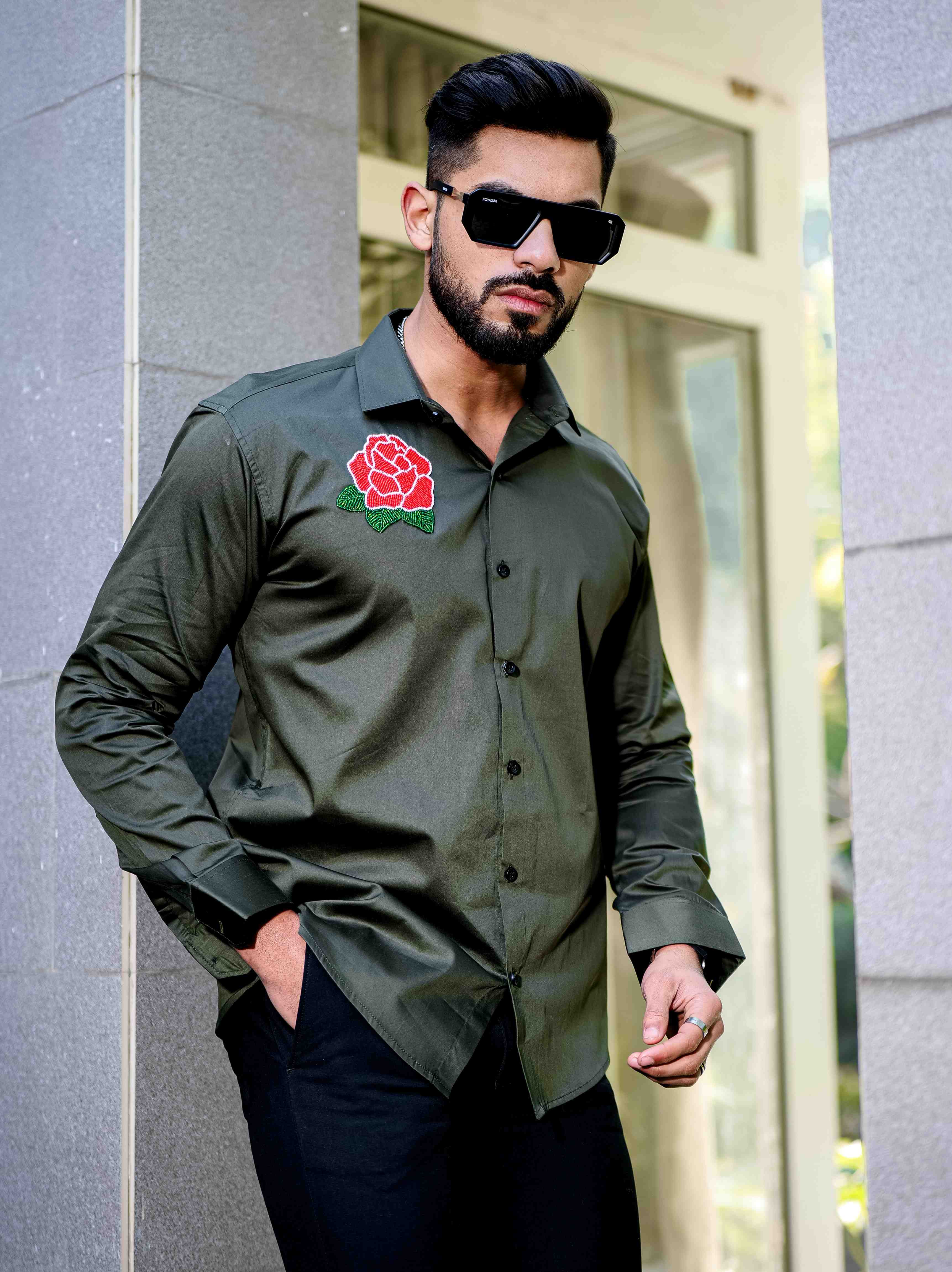 Olive Rhinestone Party Satin Cotton Premium Shirt - Image 8