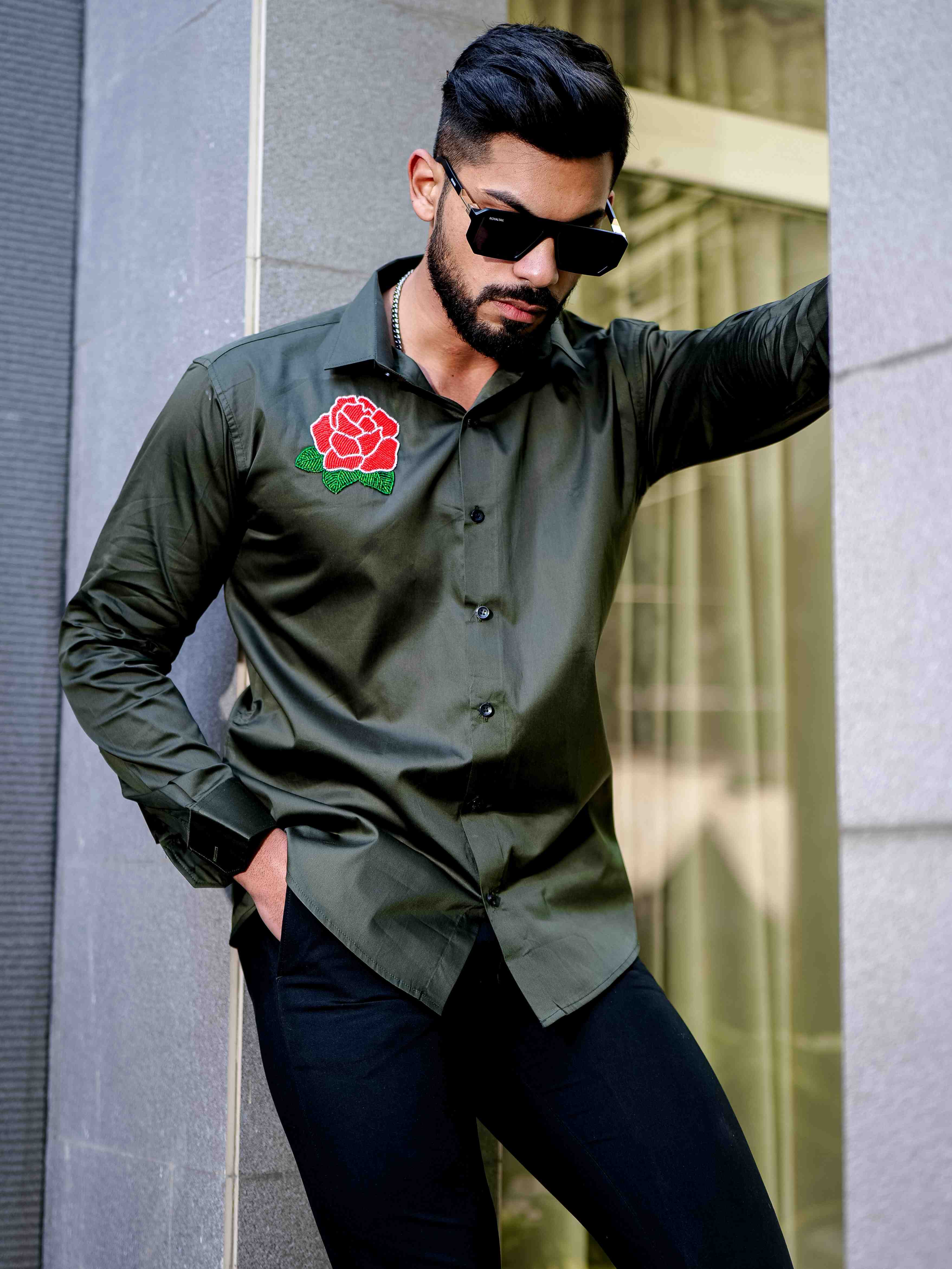 Olive Rhinestone Party Satin Cotton Premium Shirt - Image 9