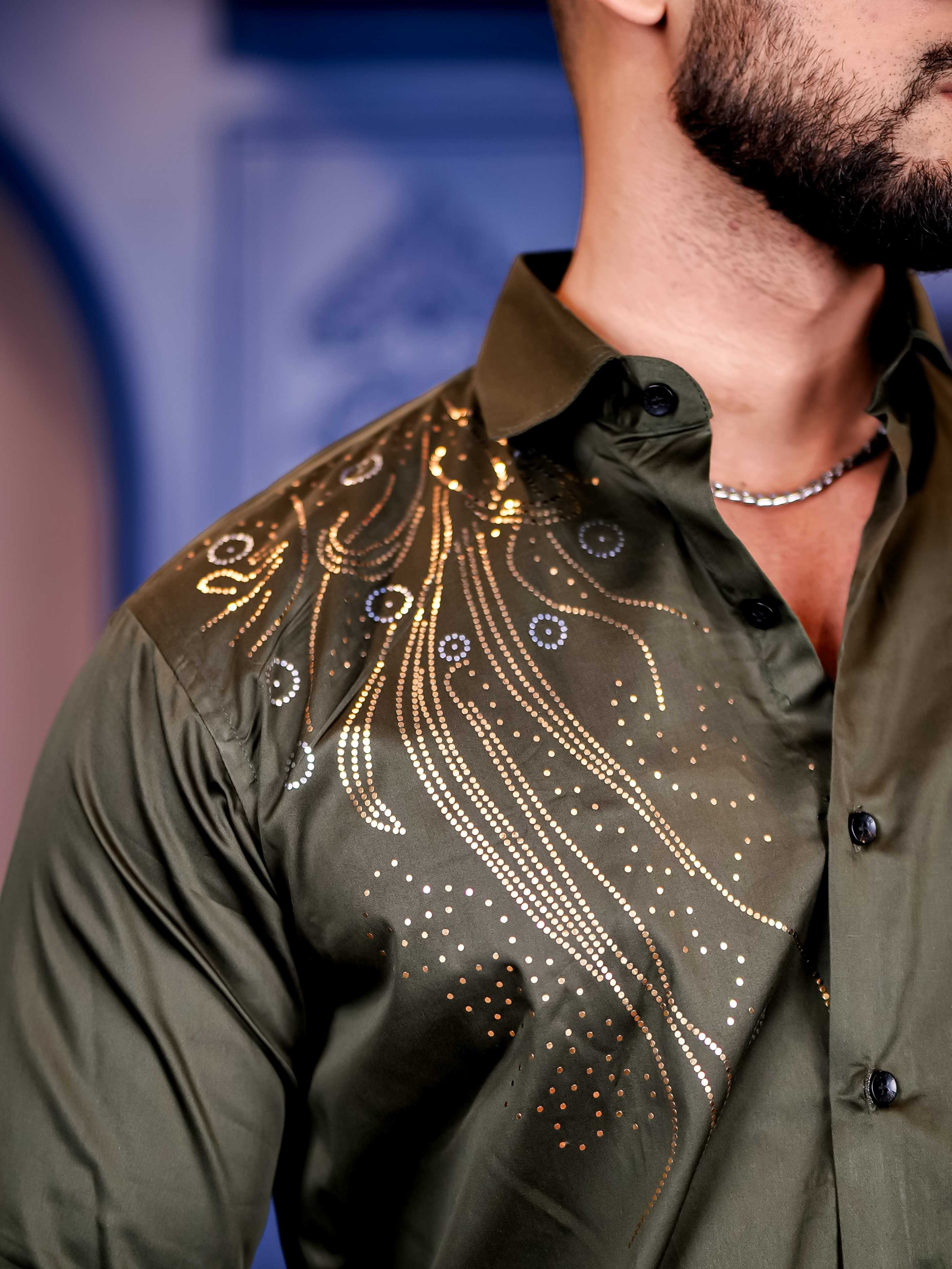 Olive Sequence Club Wear Satin Cotton Party Shirt - Image 2