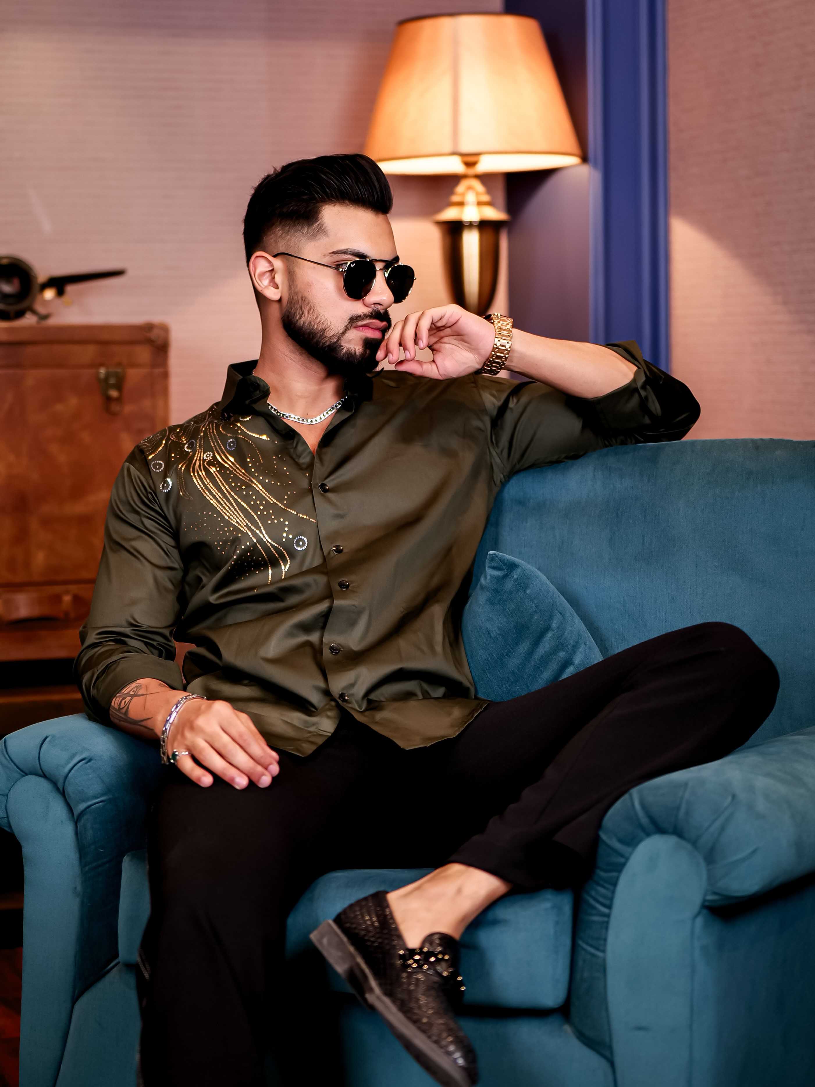 Olive Sequence Club Wear Satin Cotton Party Shirt - Image 4