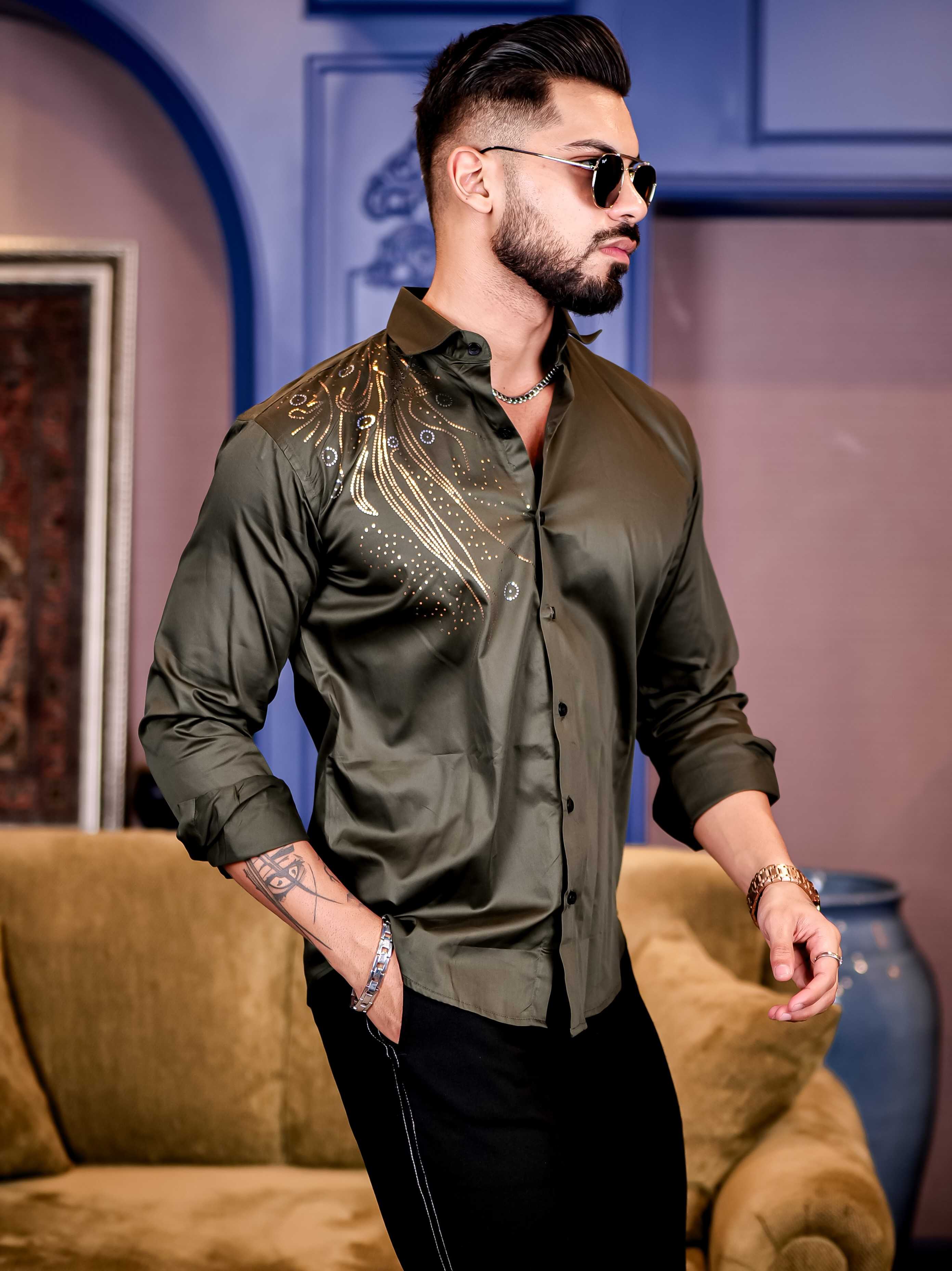 Olive Sequence Club Wear Satin Cotton Party Shirt - Image 5