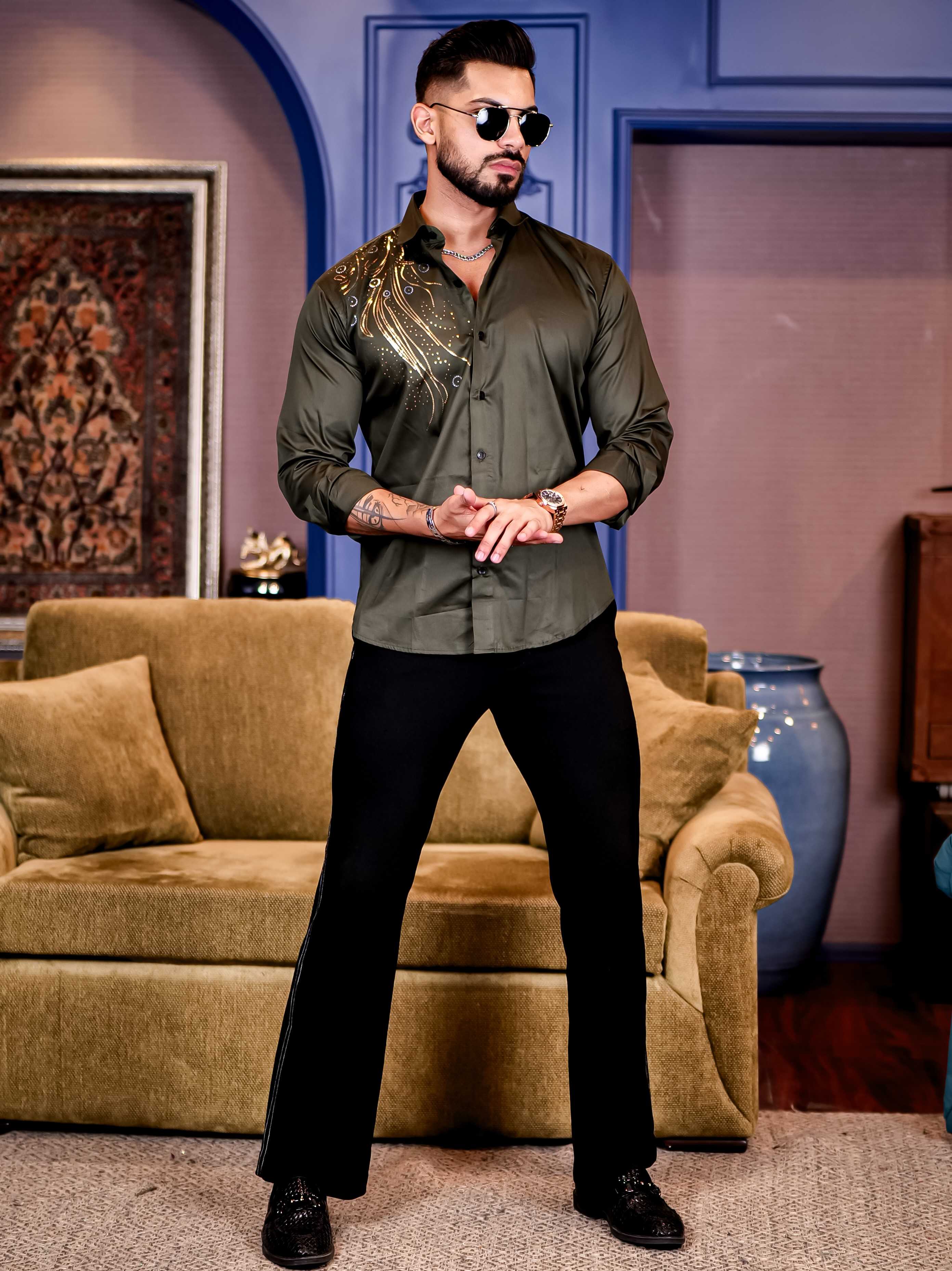 Olive Sequence Club Wear Satin Cotton Party Shirt - Image 7