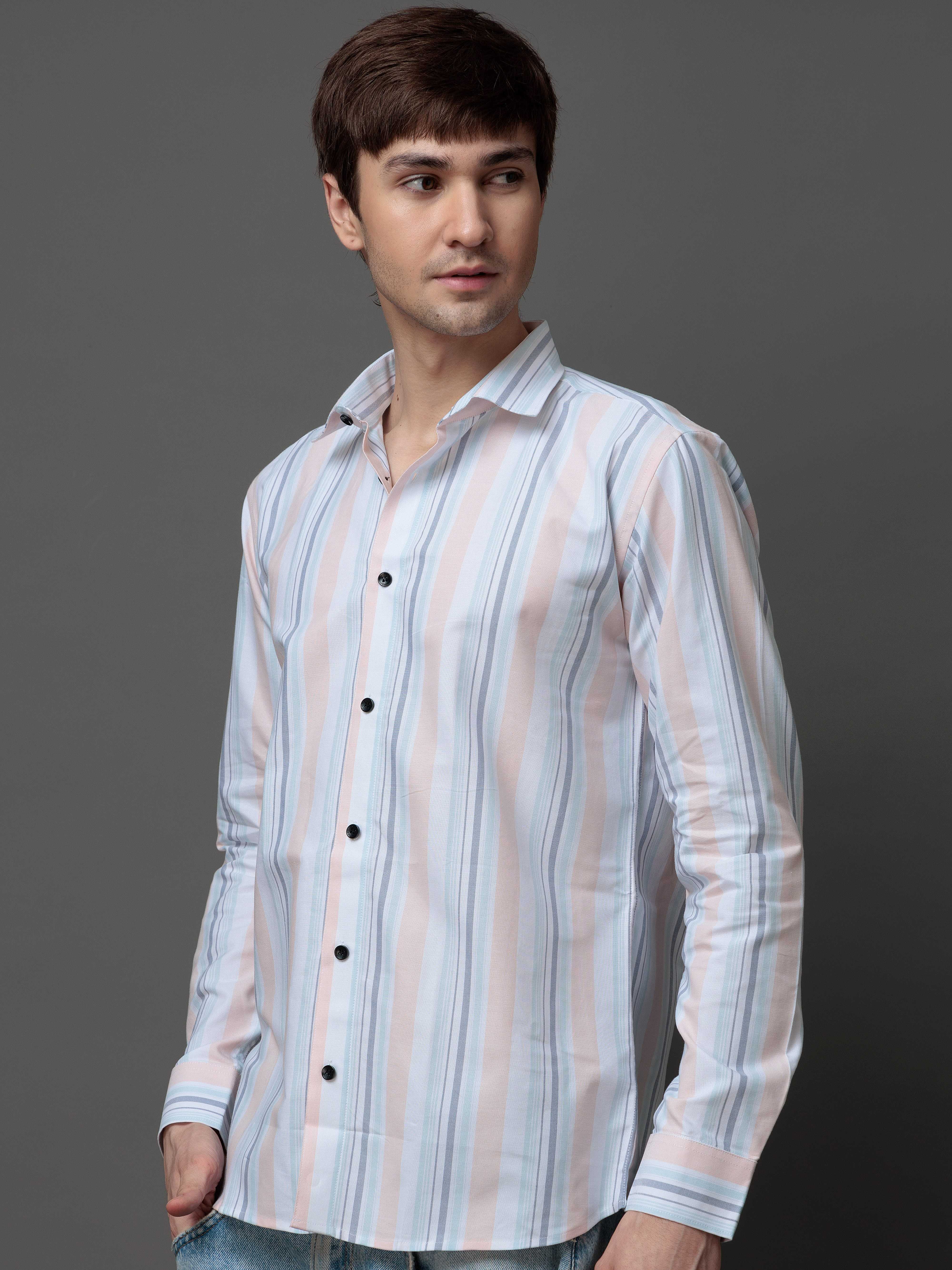 PEACH MULTI STRIPES COTTON REGULAR FIT MEN'S CASUAL SHIRT FOR MEN'S - Image 4
