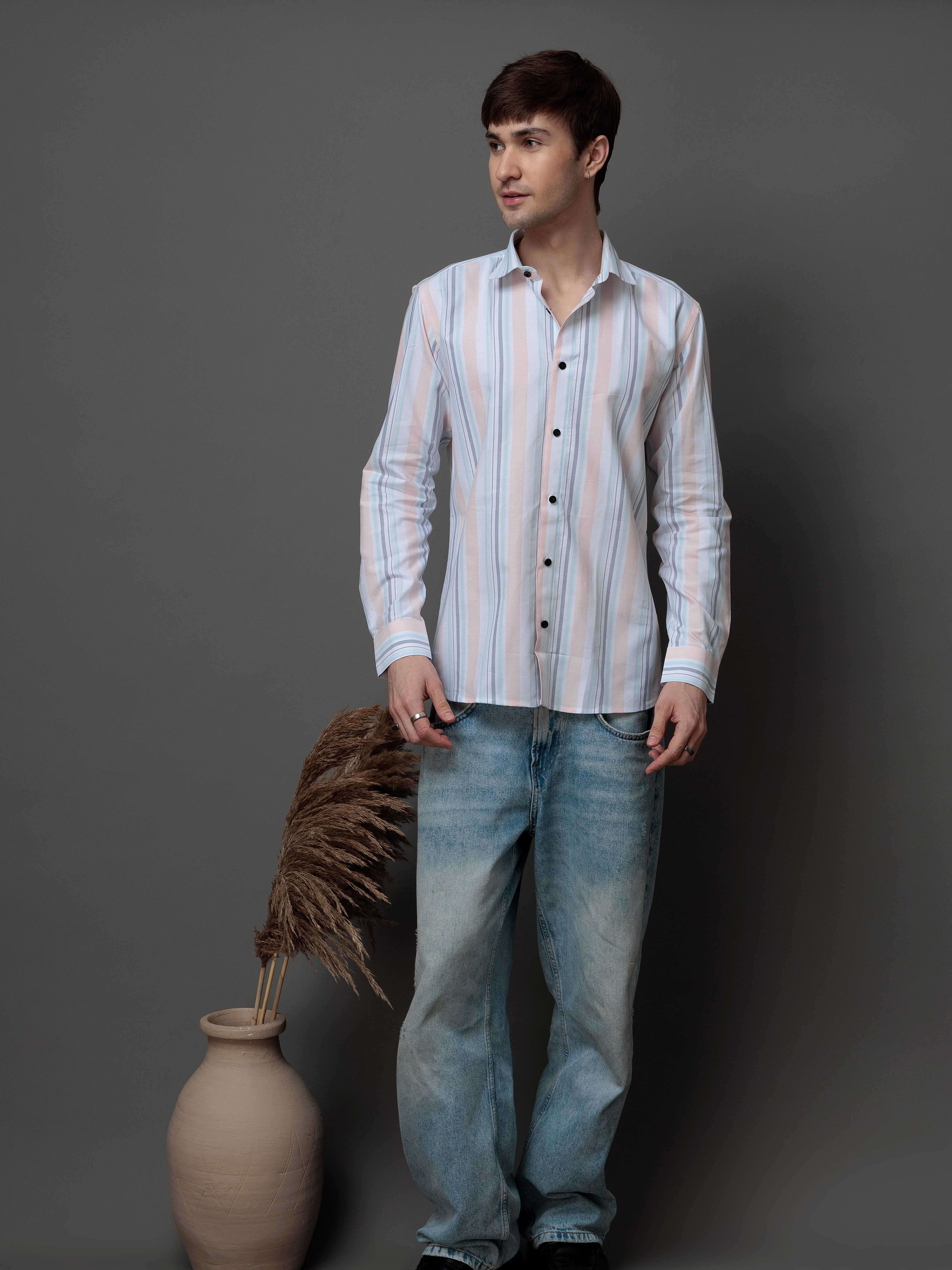 PEACH MULTI STRIPES COTTON REGULAR FIT MEN'S CASUAL SHIRT FOR MEN'S - Image 7
