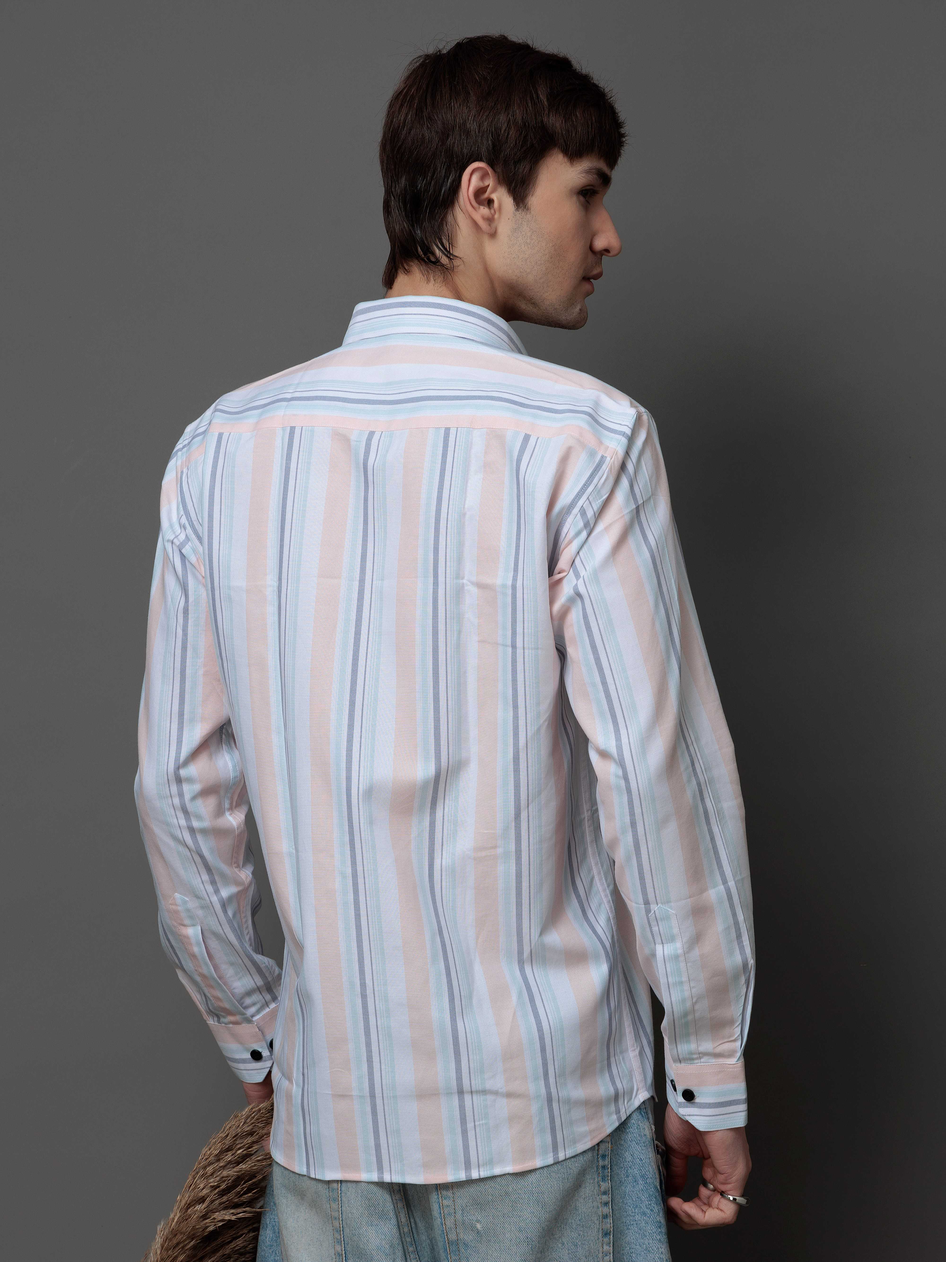 PEACH MULTI STRIPES COTTON REGULAR FIT MEN'S CASUAL SHIRT FOR MEN'S - Image 9