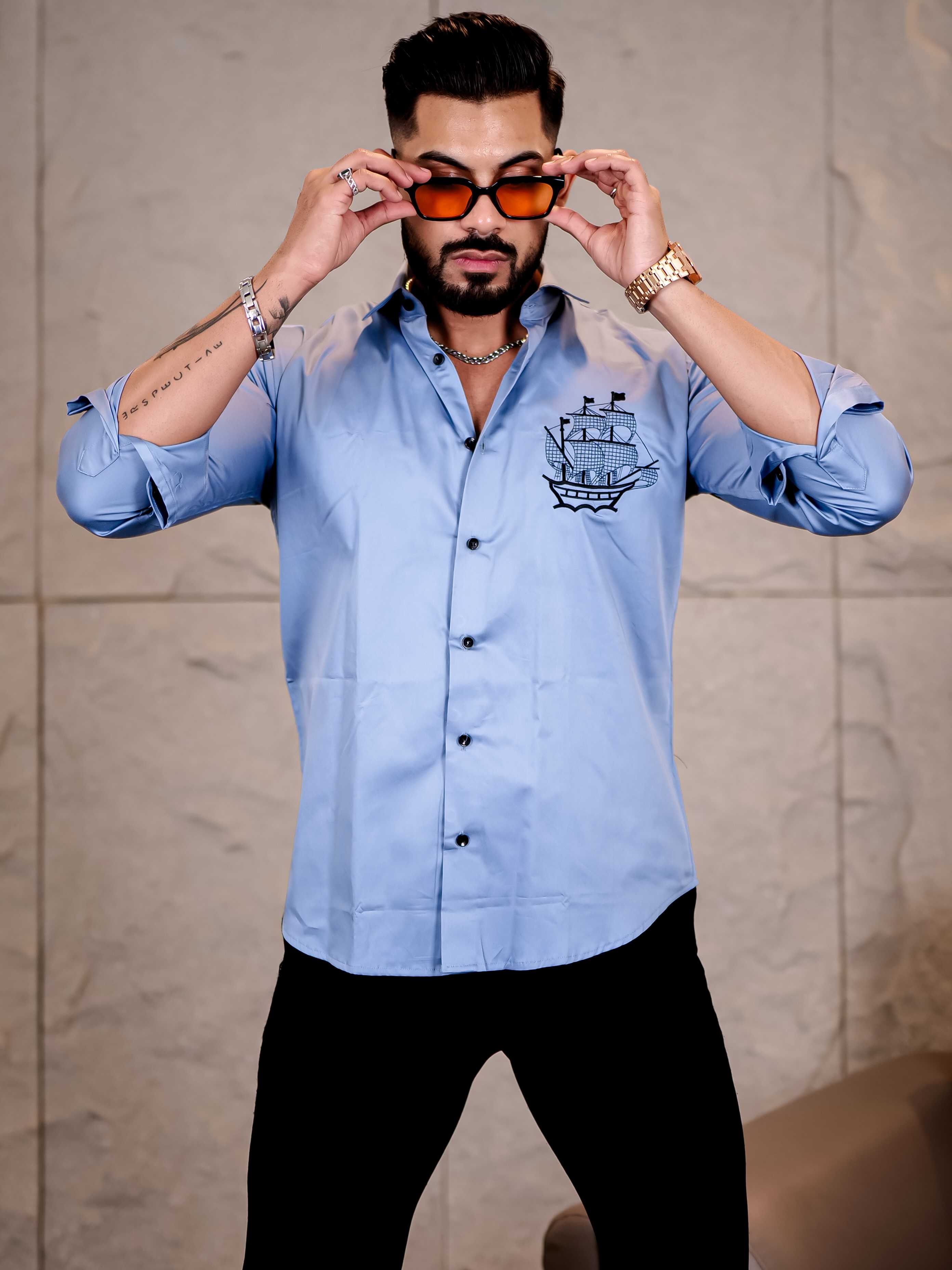 Pirates Piracy Sky Embroidered Club Wear Satin Cotton Shirt - Image 4