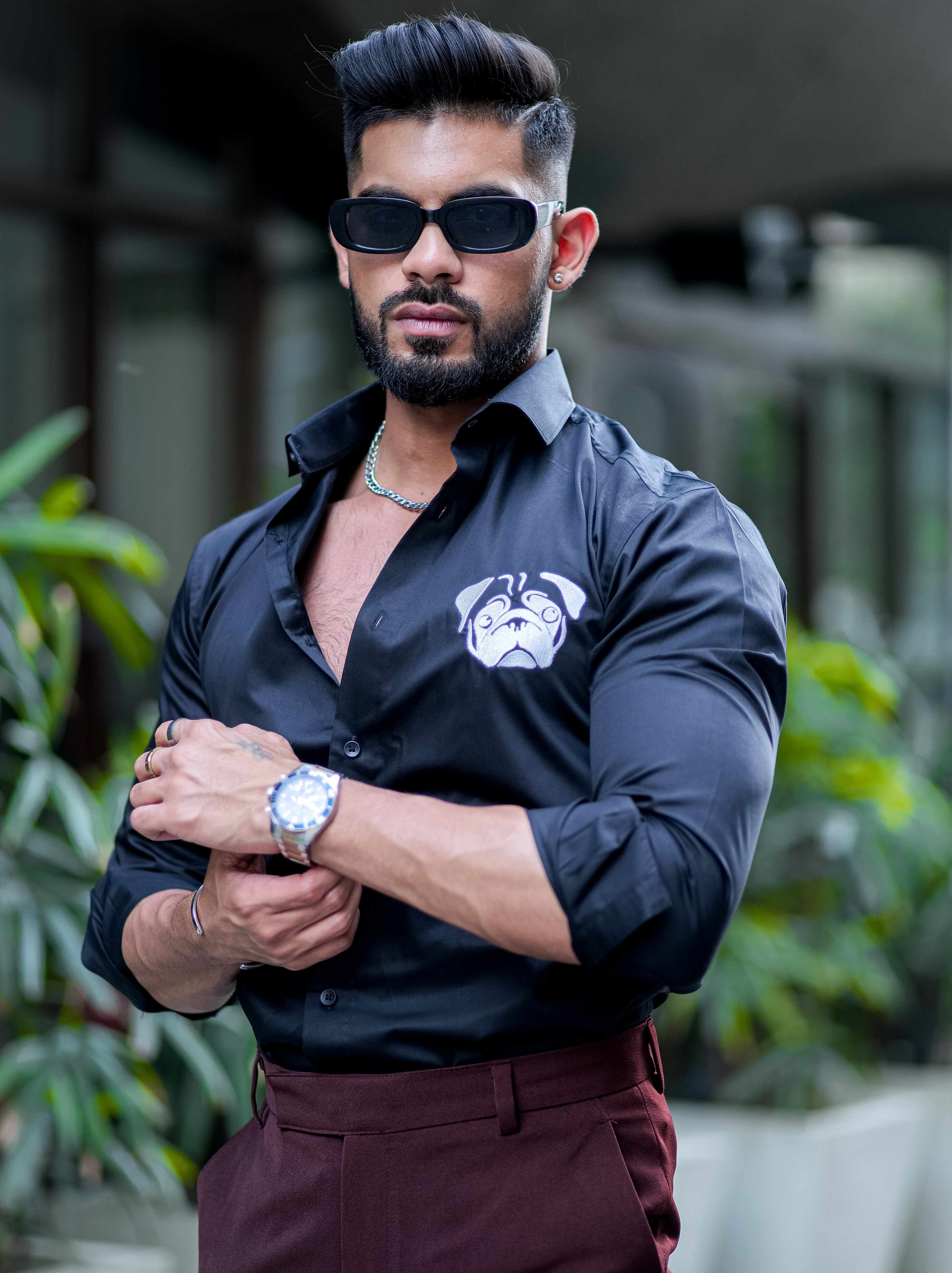 Puppy Embroidered Black Cotton Premium Shirt - Image 5