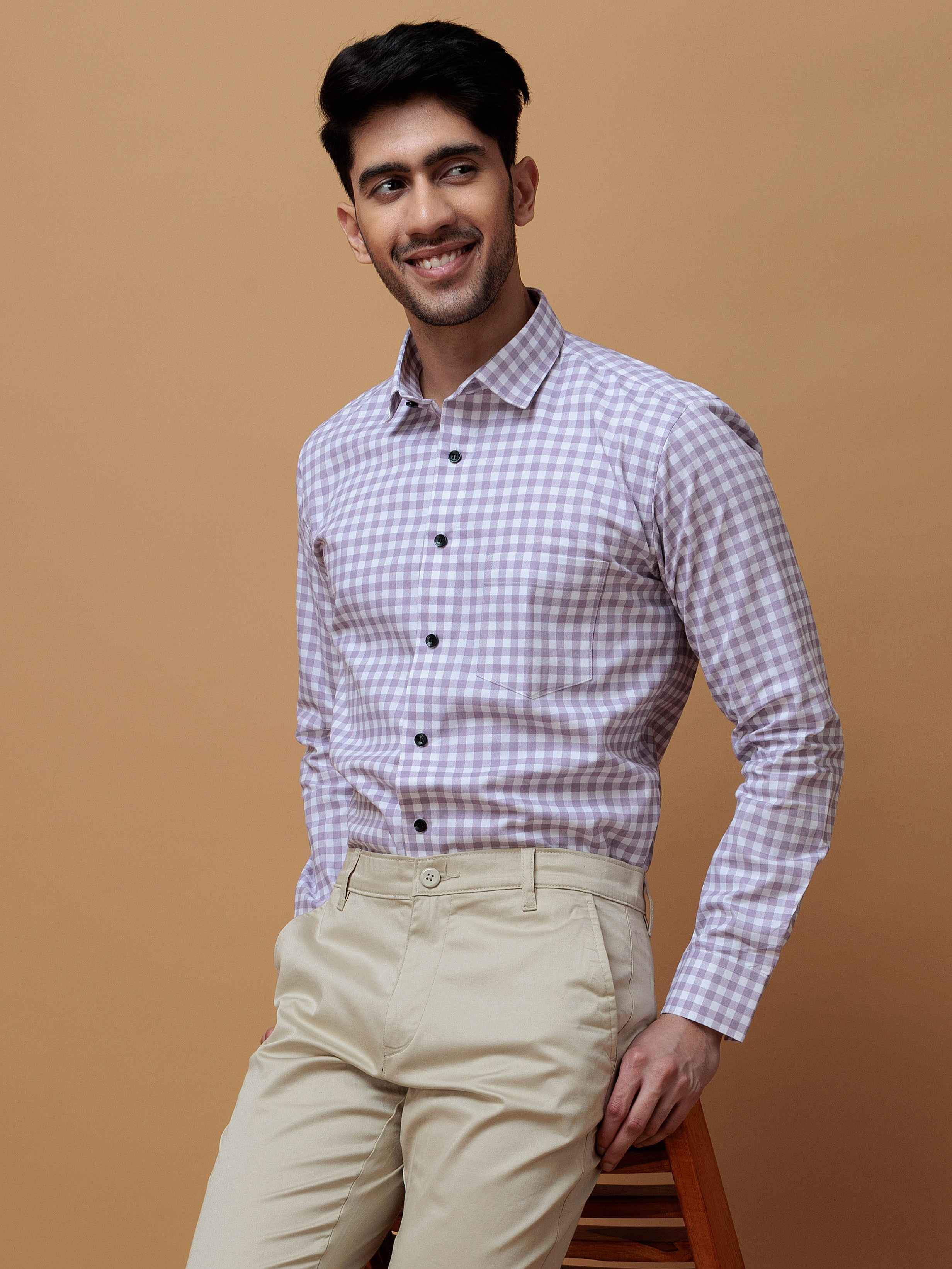 PURPLE CHECKERED PRINTED COTTON CASUAL SHIRT FOR MEN'S - Image 8