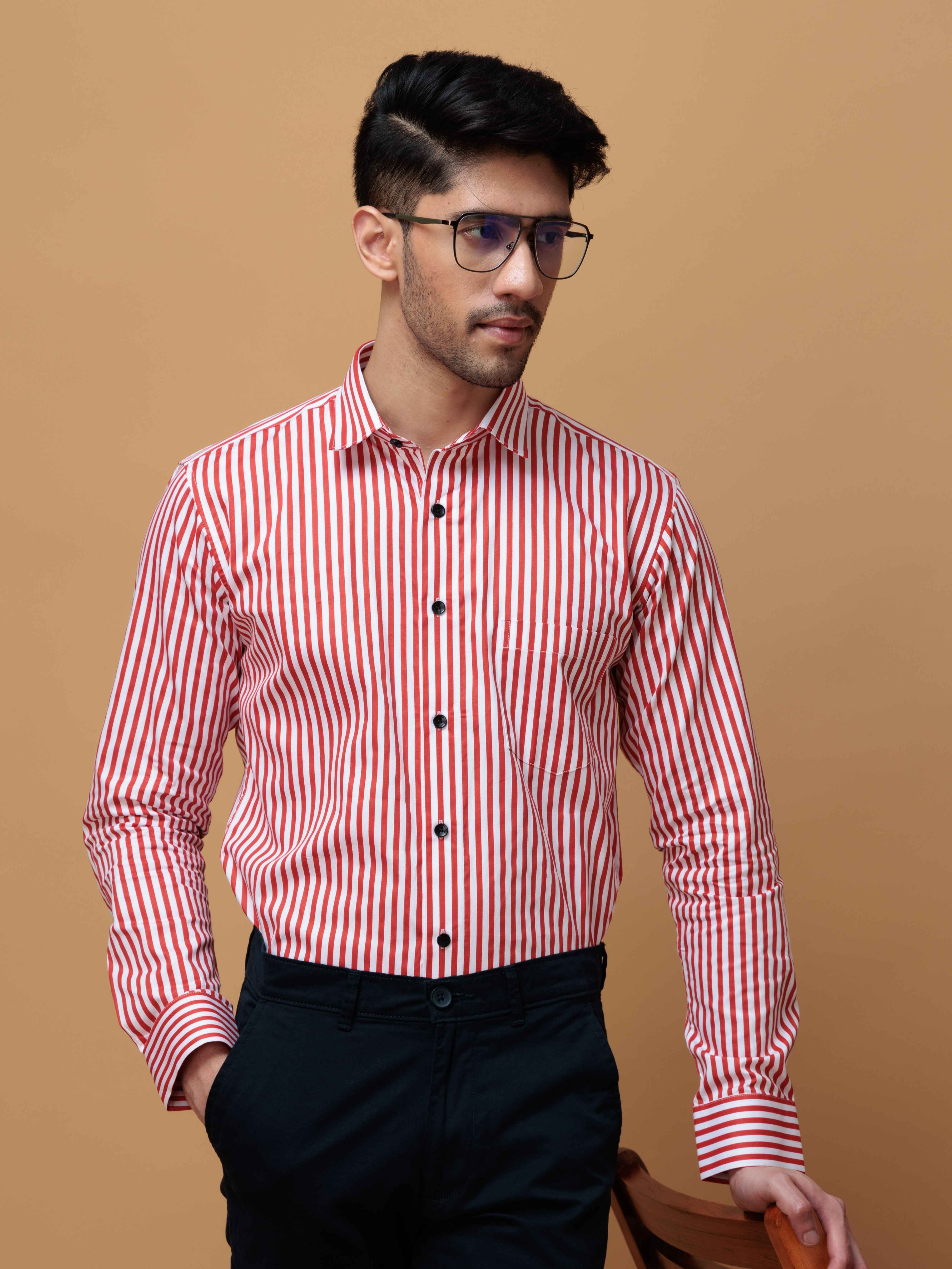 RED STRIPED COTTON REGULAR FIT MEN'S CASUAL SHIRT FOR MEN'S - Image 3