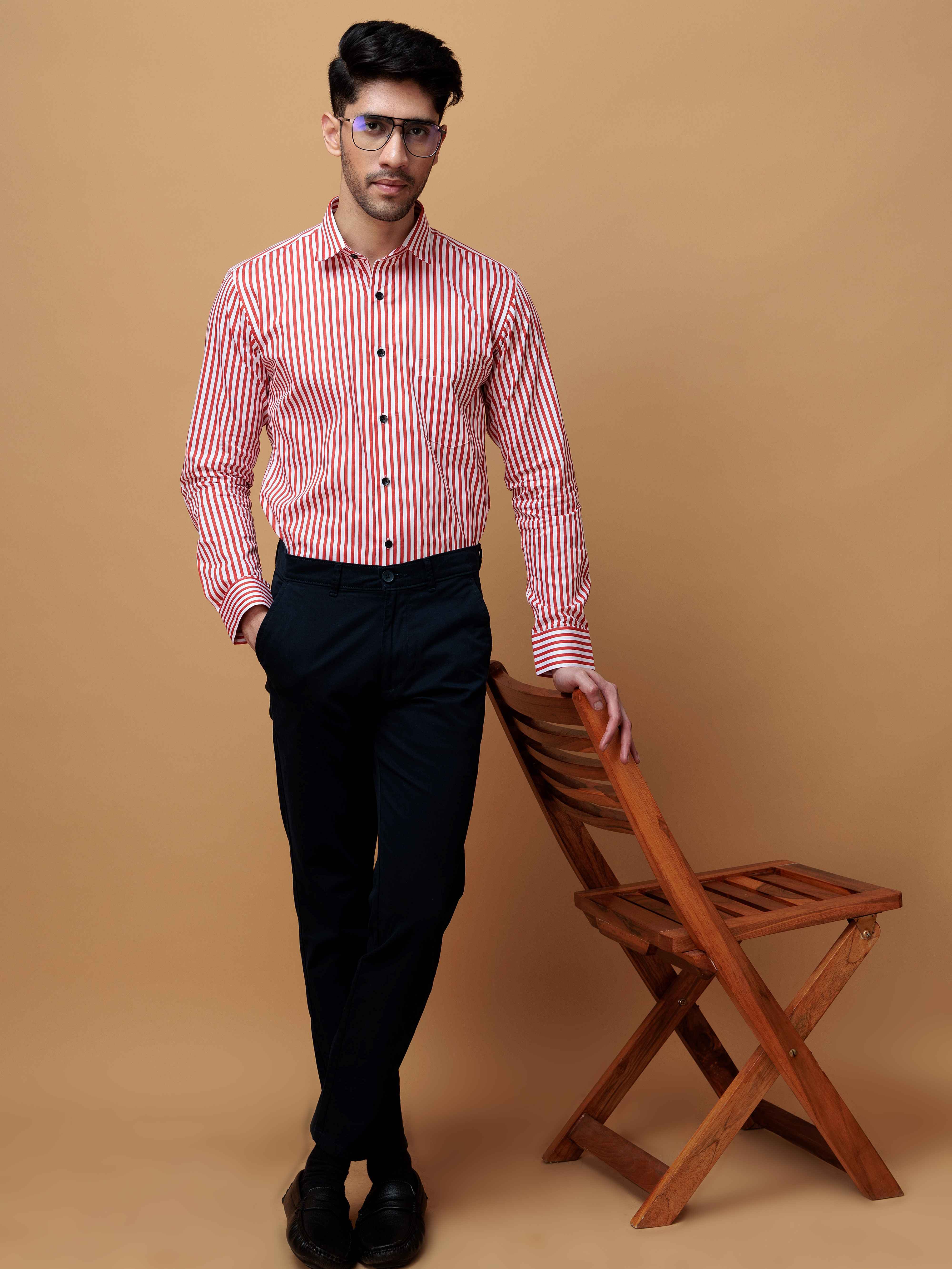 RED STRIPED COTTON REGULAR FIT MEN'S CASUAL SHIRT FOR MEN'S - Image 5