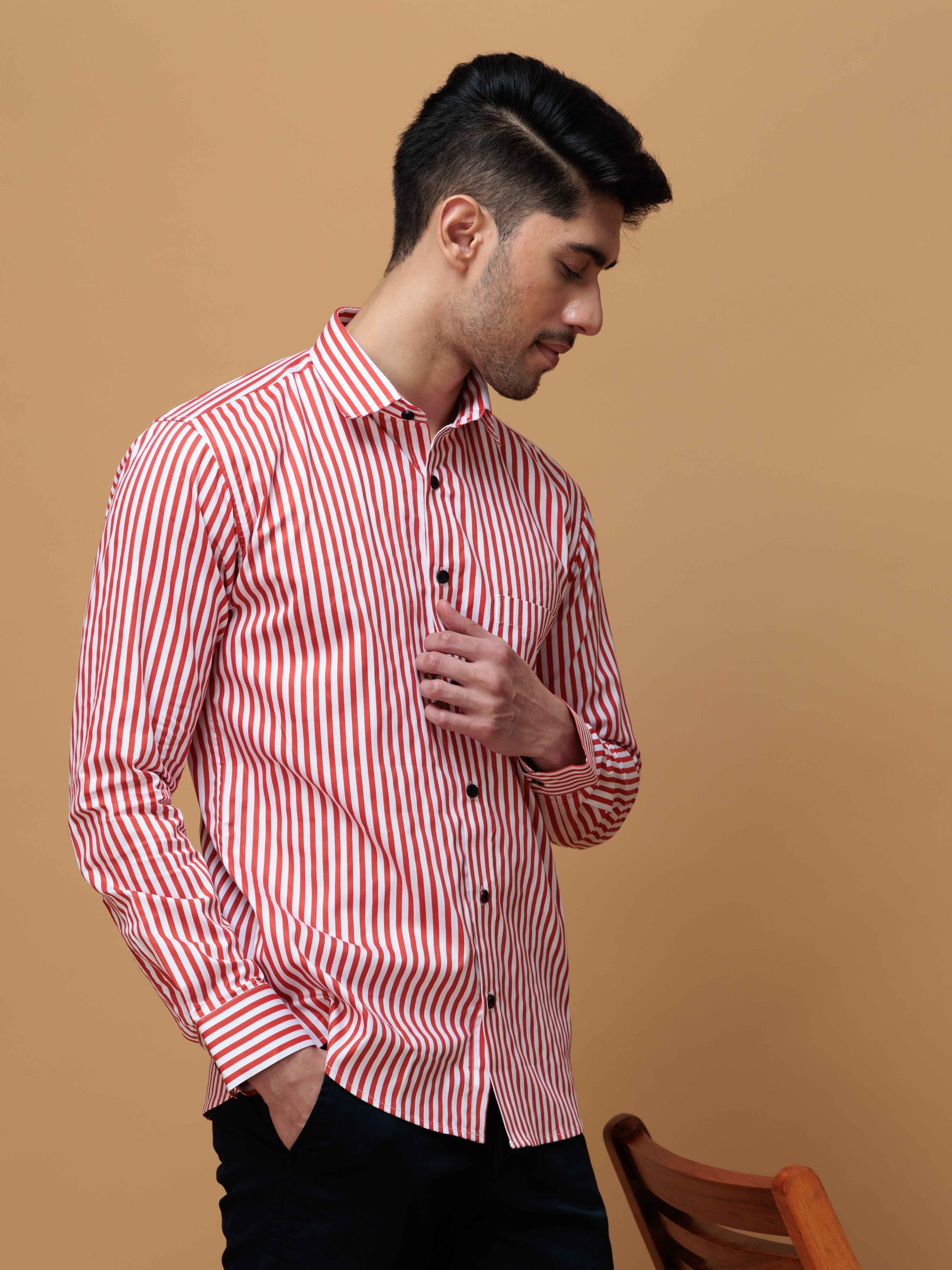 RED STRIPED COTTON REGULAR FIT MEN'S CASUAL SHIRT FOR MEN'S - Image 6
