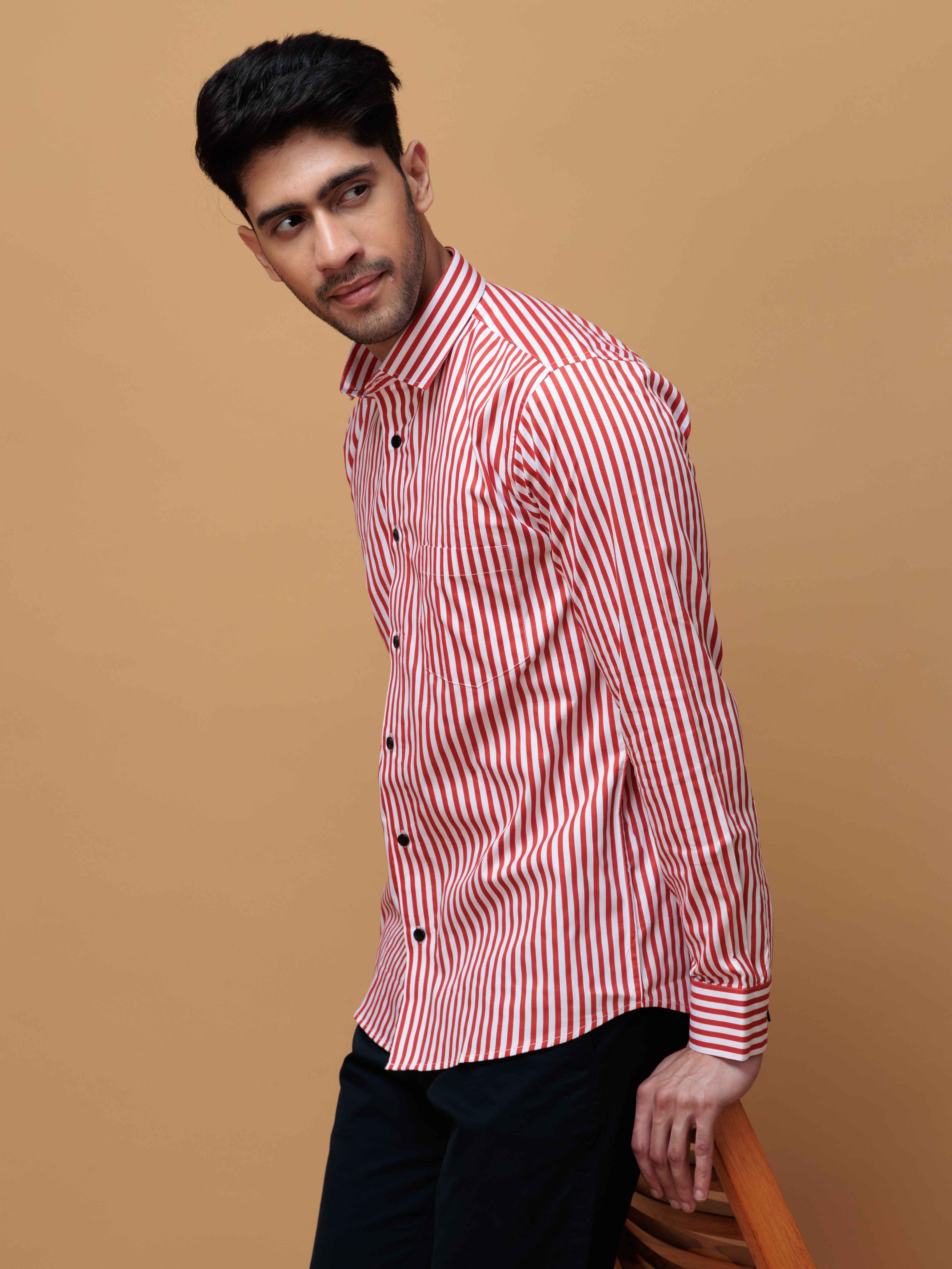 RED STRIPED COTTON REGULAR FIT MEN'S CASUAL SHIRT FOR MEN'S - Image 7