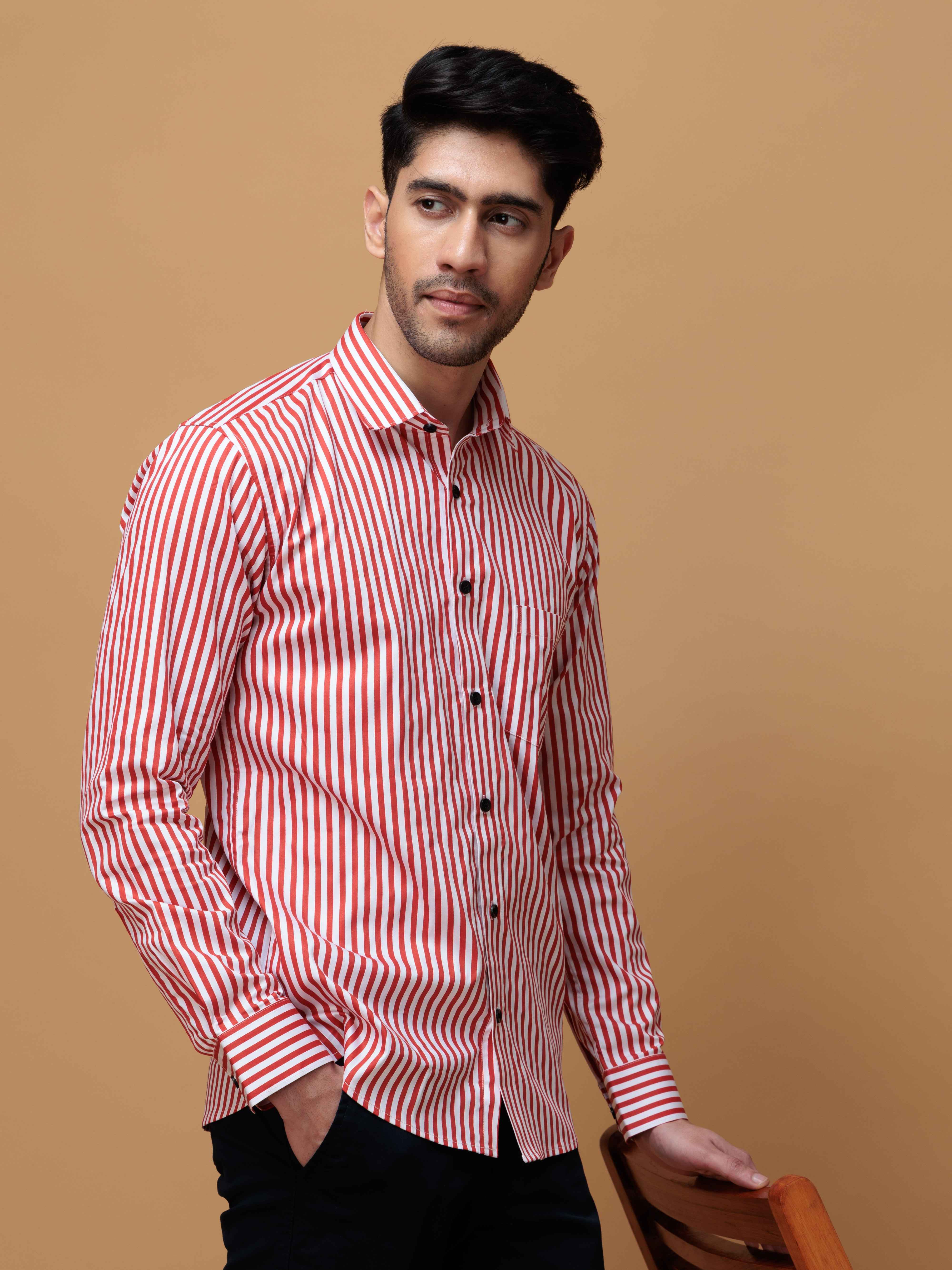 RED STRIPED COTTON REGULAR FIT MEN'S CASUAL SHIRT FOR MEN'S - Image 8