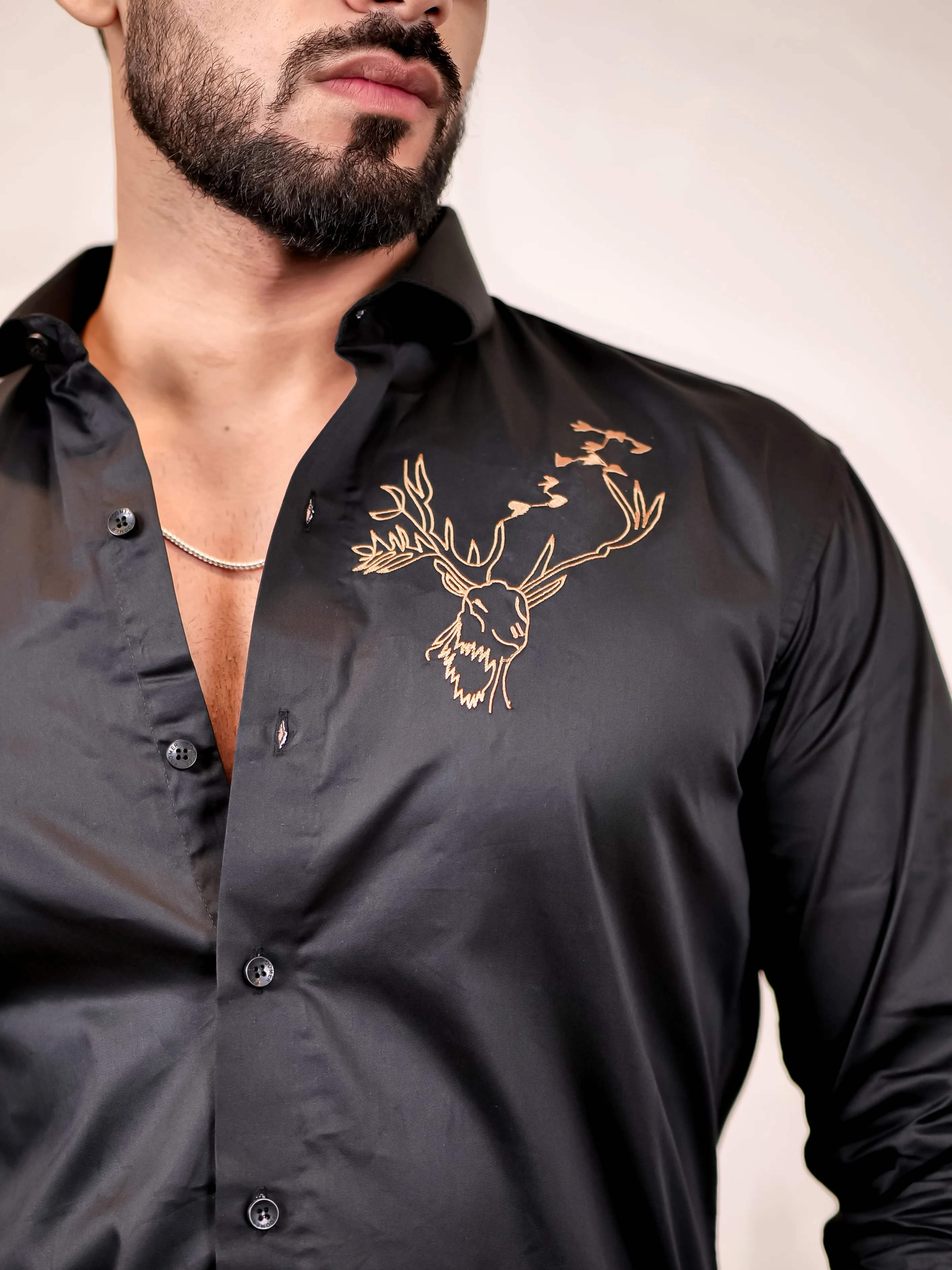 Reindeer Embroidered Black Luxury Cotton Shirt - Image 2