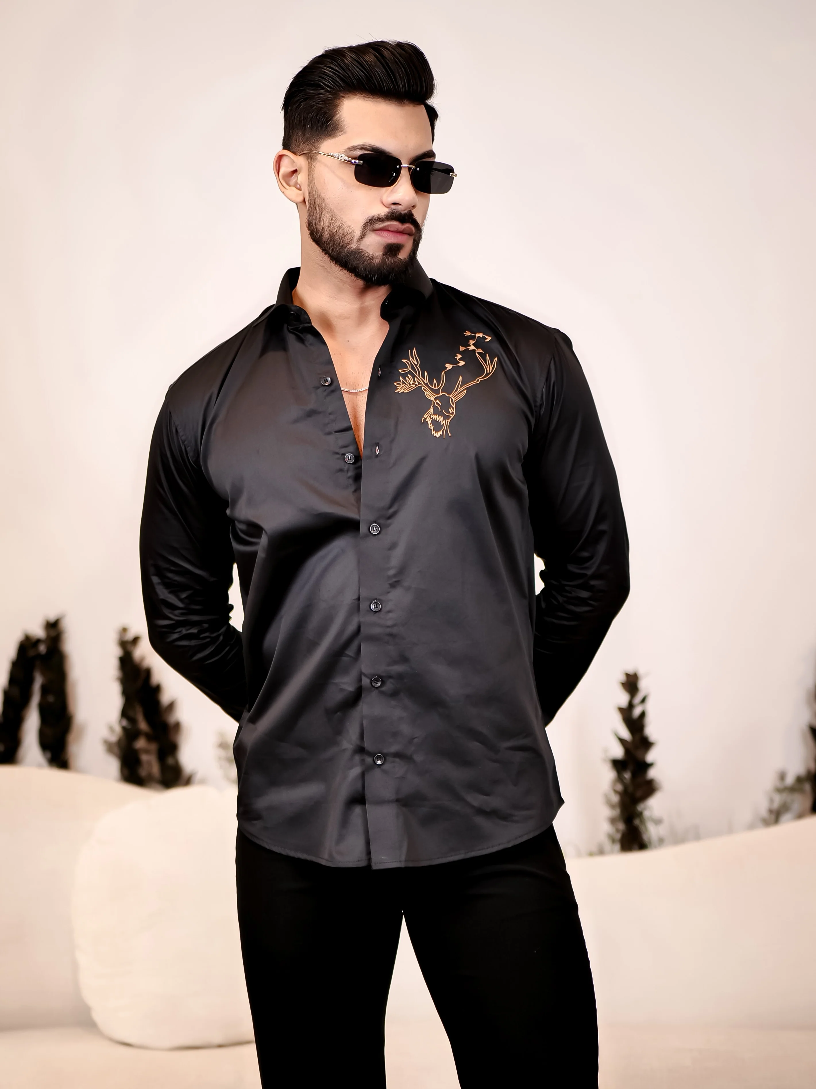 Reindeer Embroidered Black Luxury Cotton Shirt - Image 4