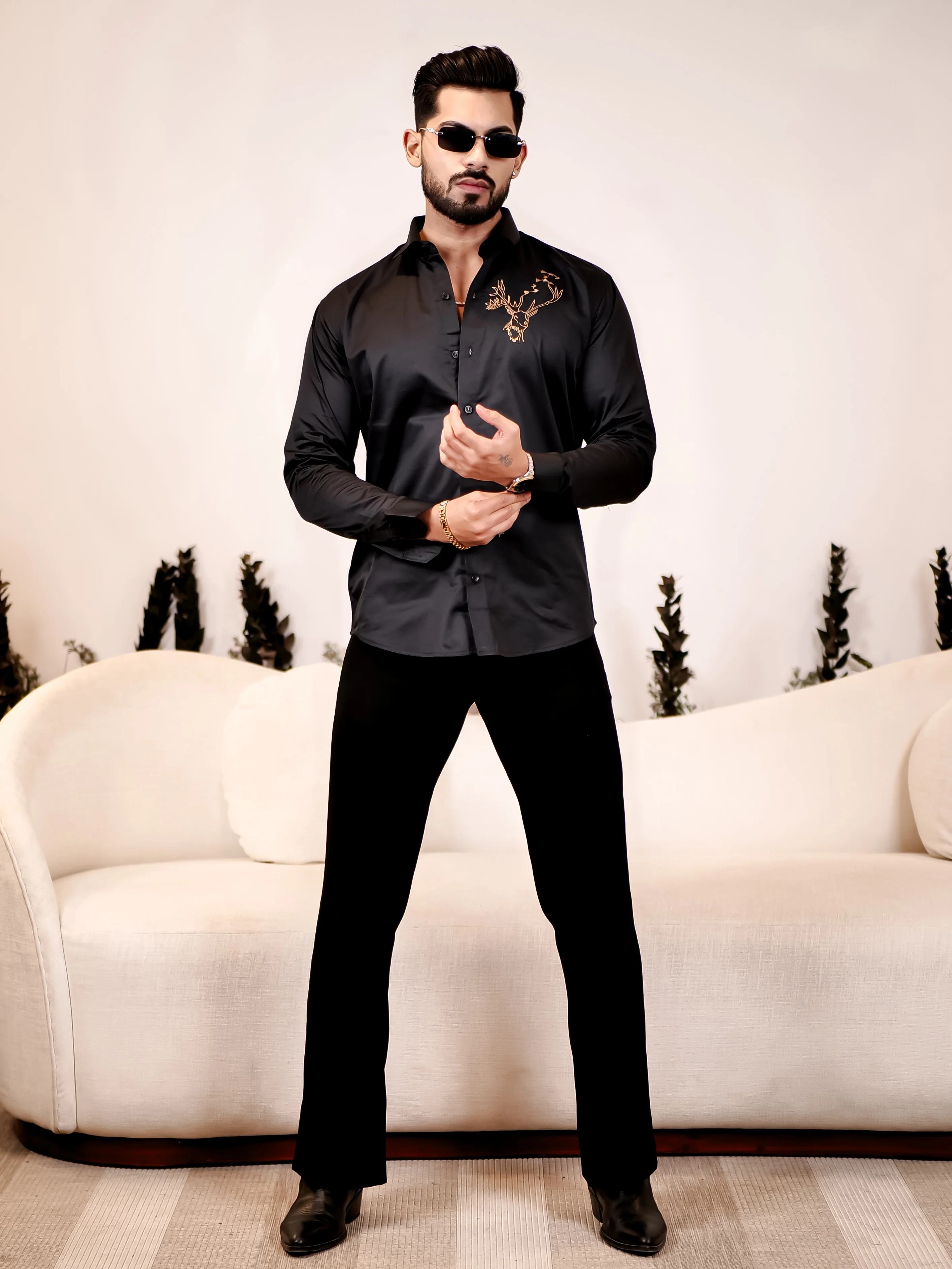 Reindeer Embroidered Black Luxury Cotton Shirt - Image 5