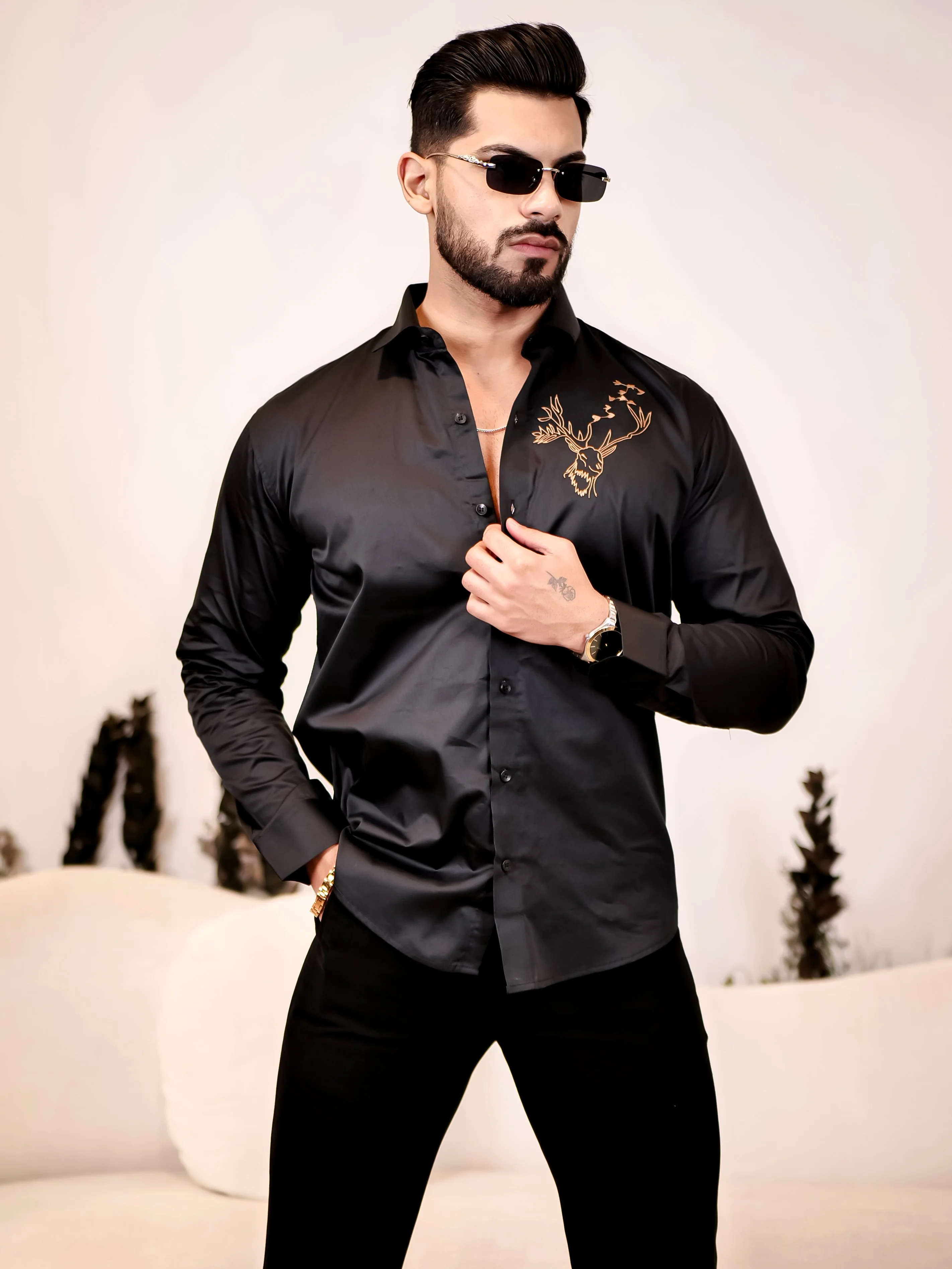 Reindeer Embroidered Black Luxury Cotton Shirt - Image 8