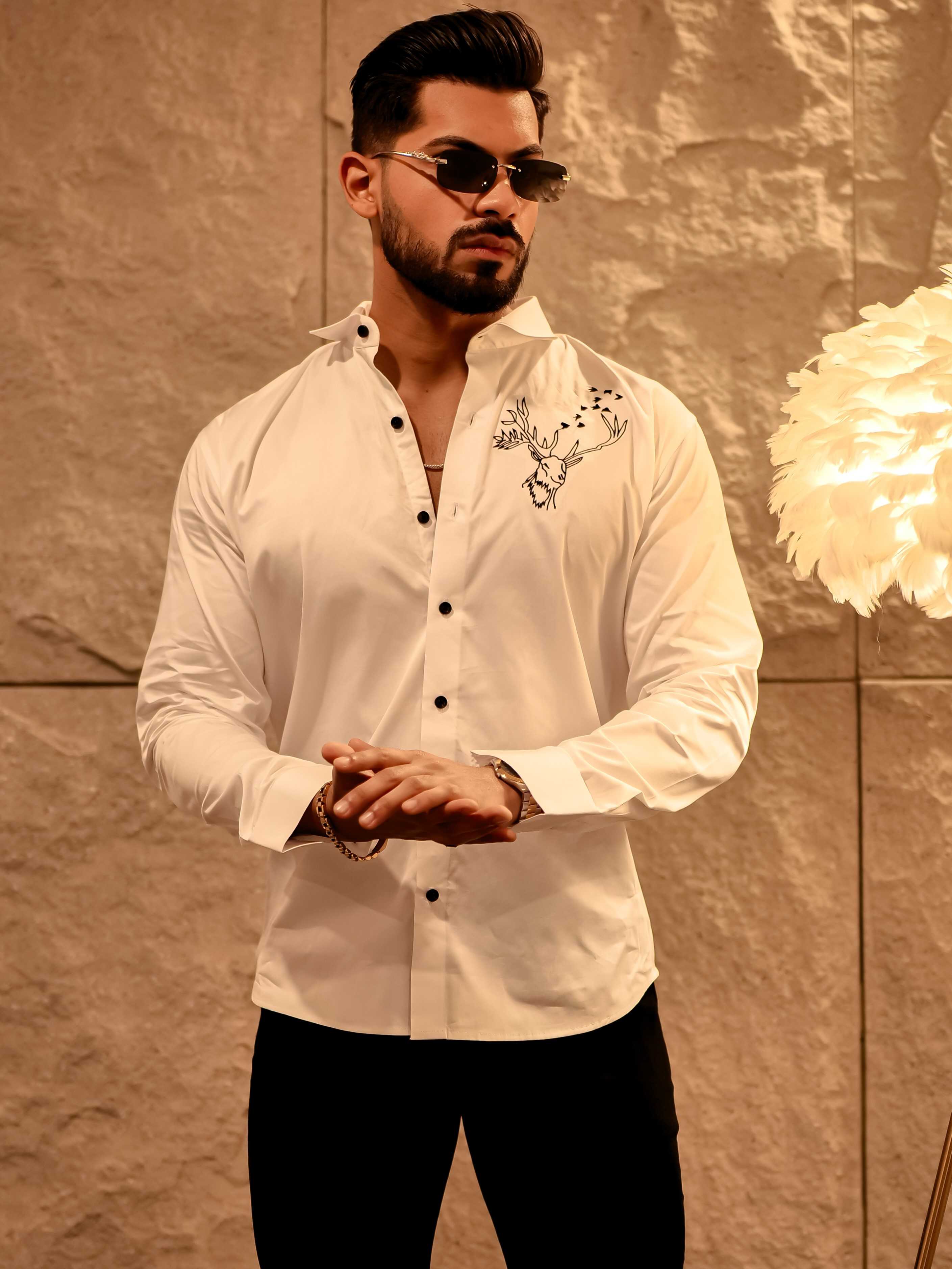 Reindeer Embroidered White Luxury Cotton Shirt - Image 3