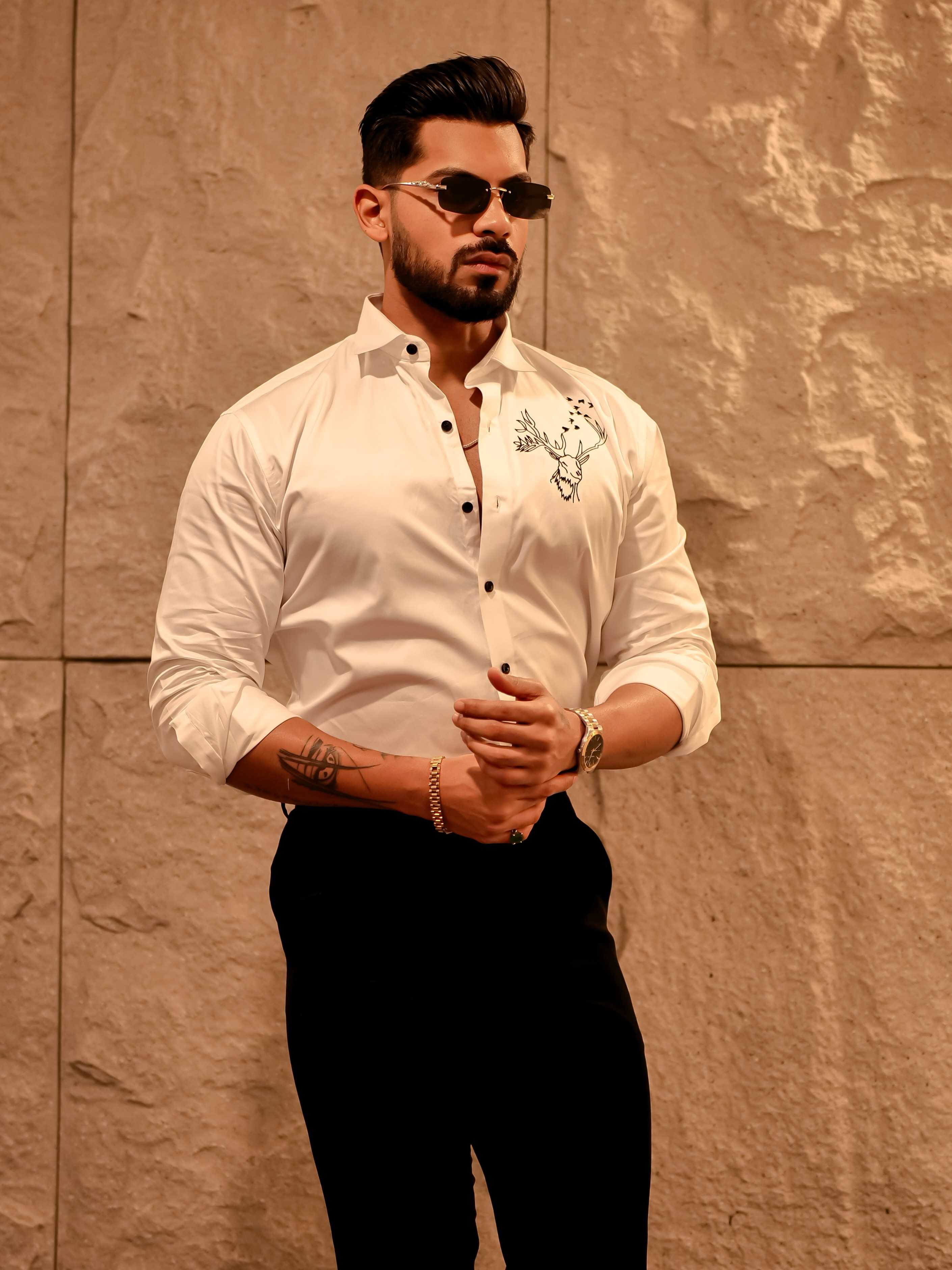 Reindeer Embroidered White Luxury Cotton Shirt - Image 4