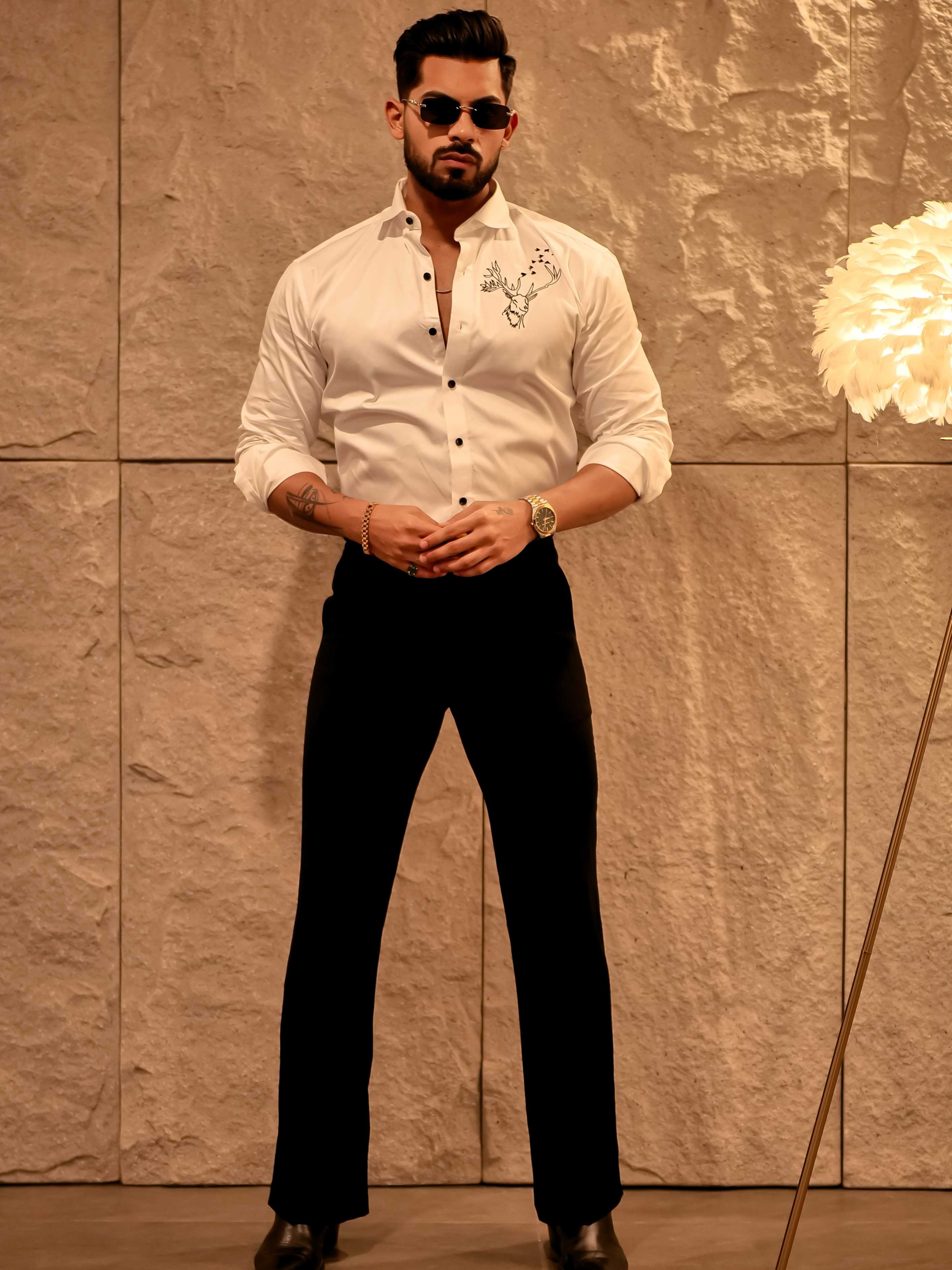 Reindeer Embroidered White Luxury Cotton Shirt - Image 7