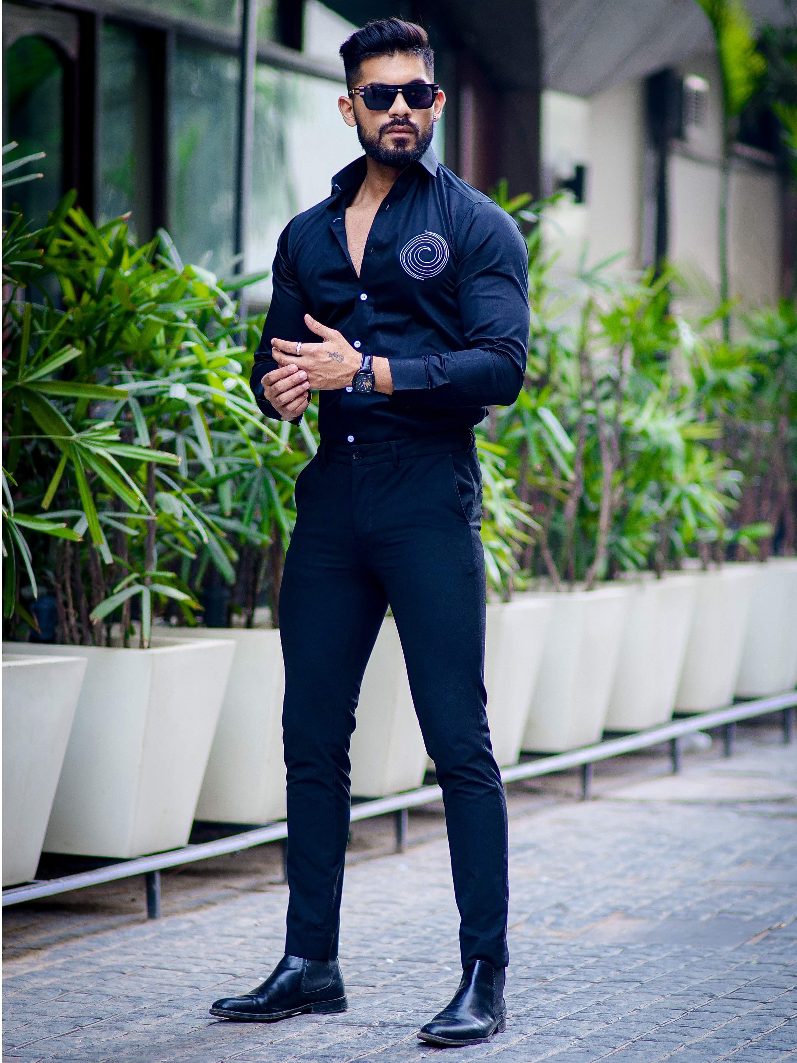 Round Embroidered Black Grey Premium Shirt For Men's - Image 4