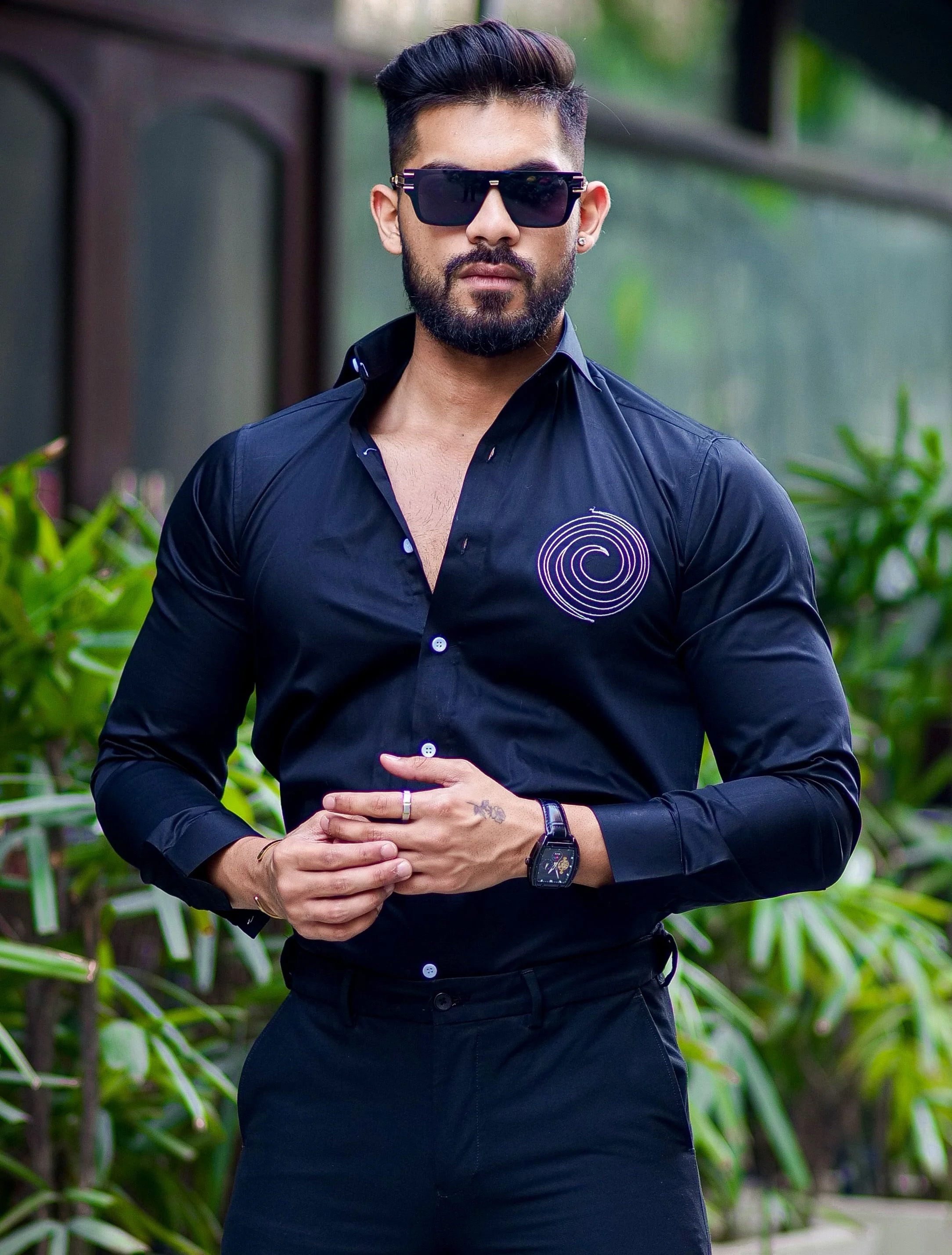 Round Embroidered Black Grey Premium Shirt For Men's - Image 5