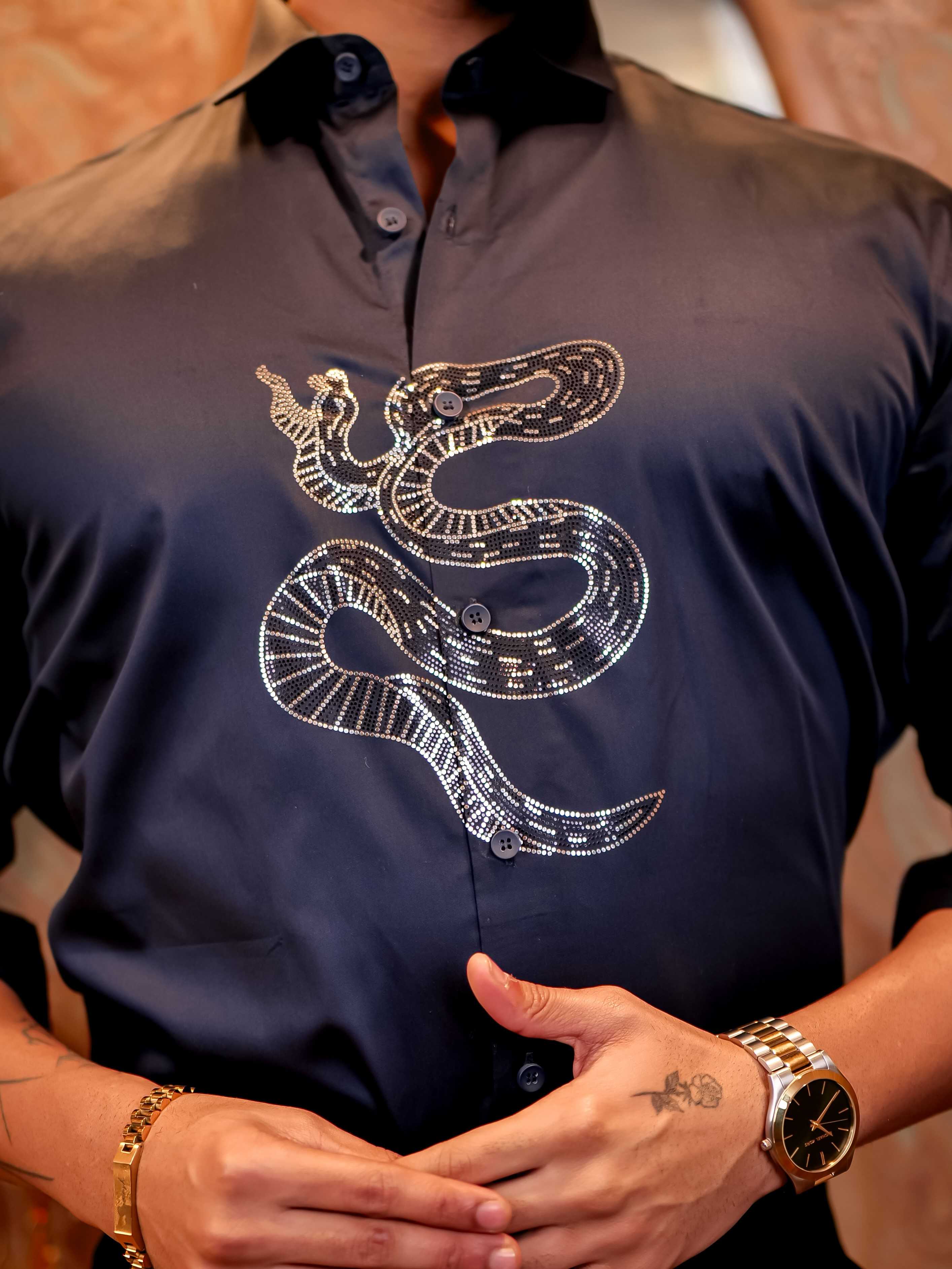Snake Navy Sequence Club Wear Satin Cotton Party Shirt - Image 2