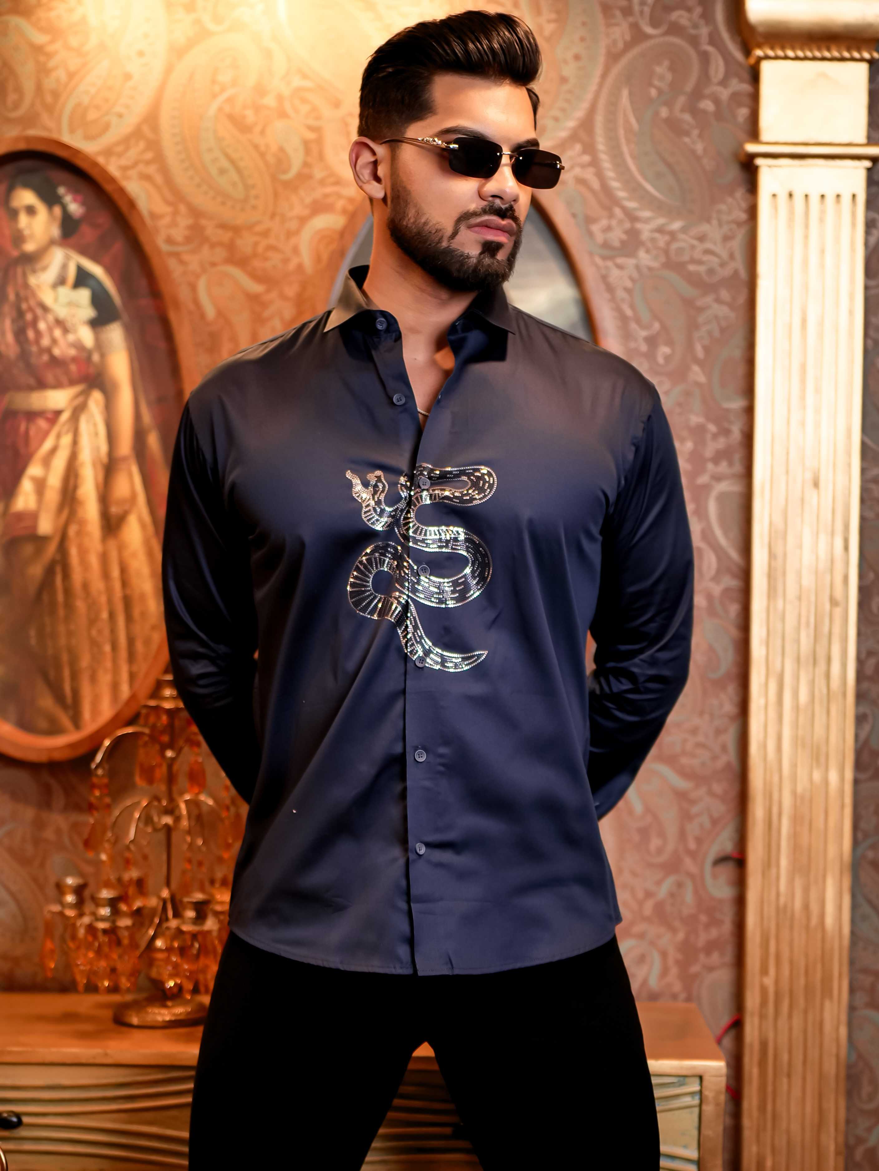 Snake Navy Sequence Club Wear Satin Cotton Party Shirt - Image 8