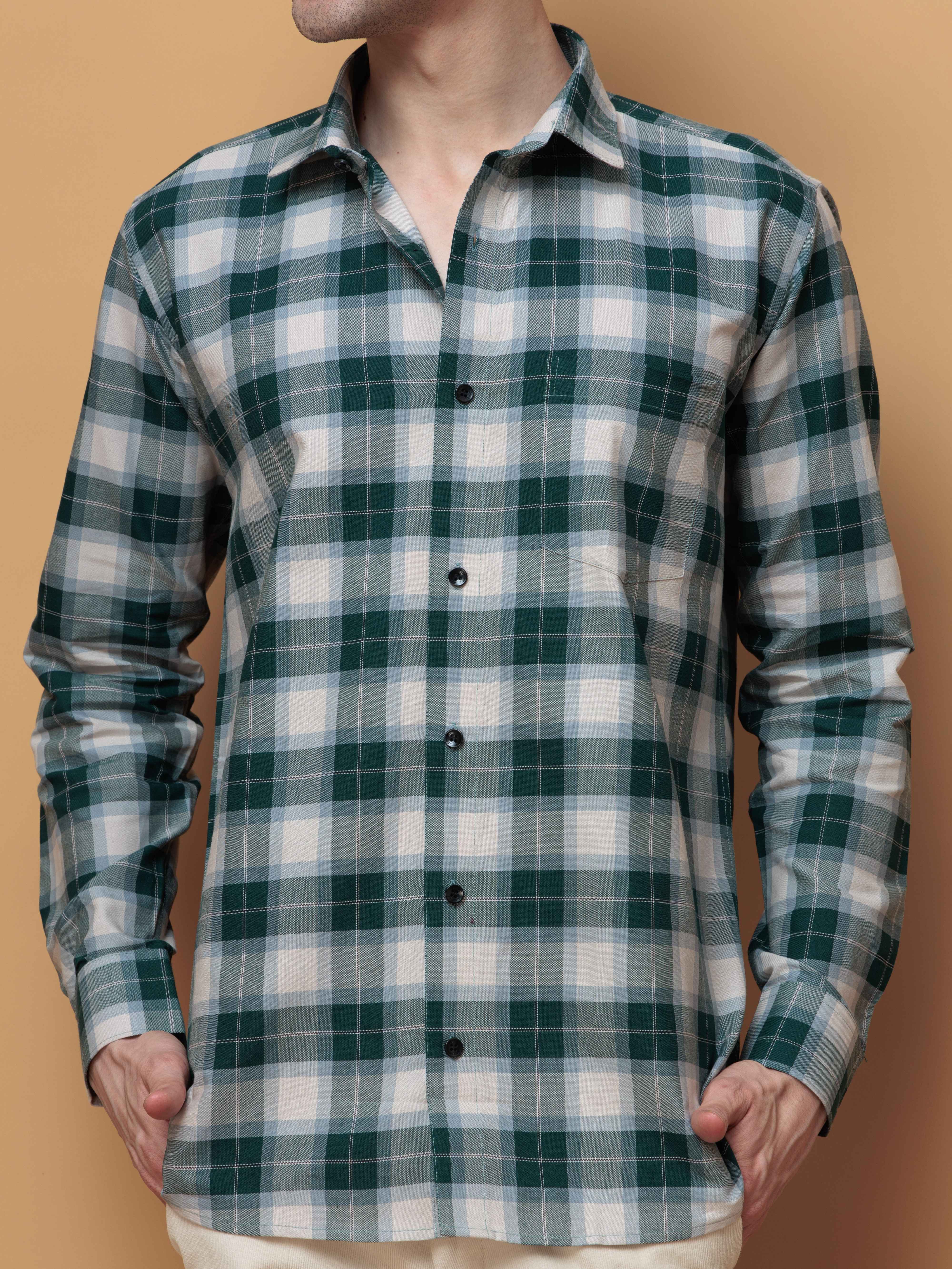 SQUARE GREEN CHECKED COTTON CASUAL SHIRT FOR MEN'S - Image 2