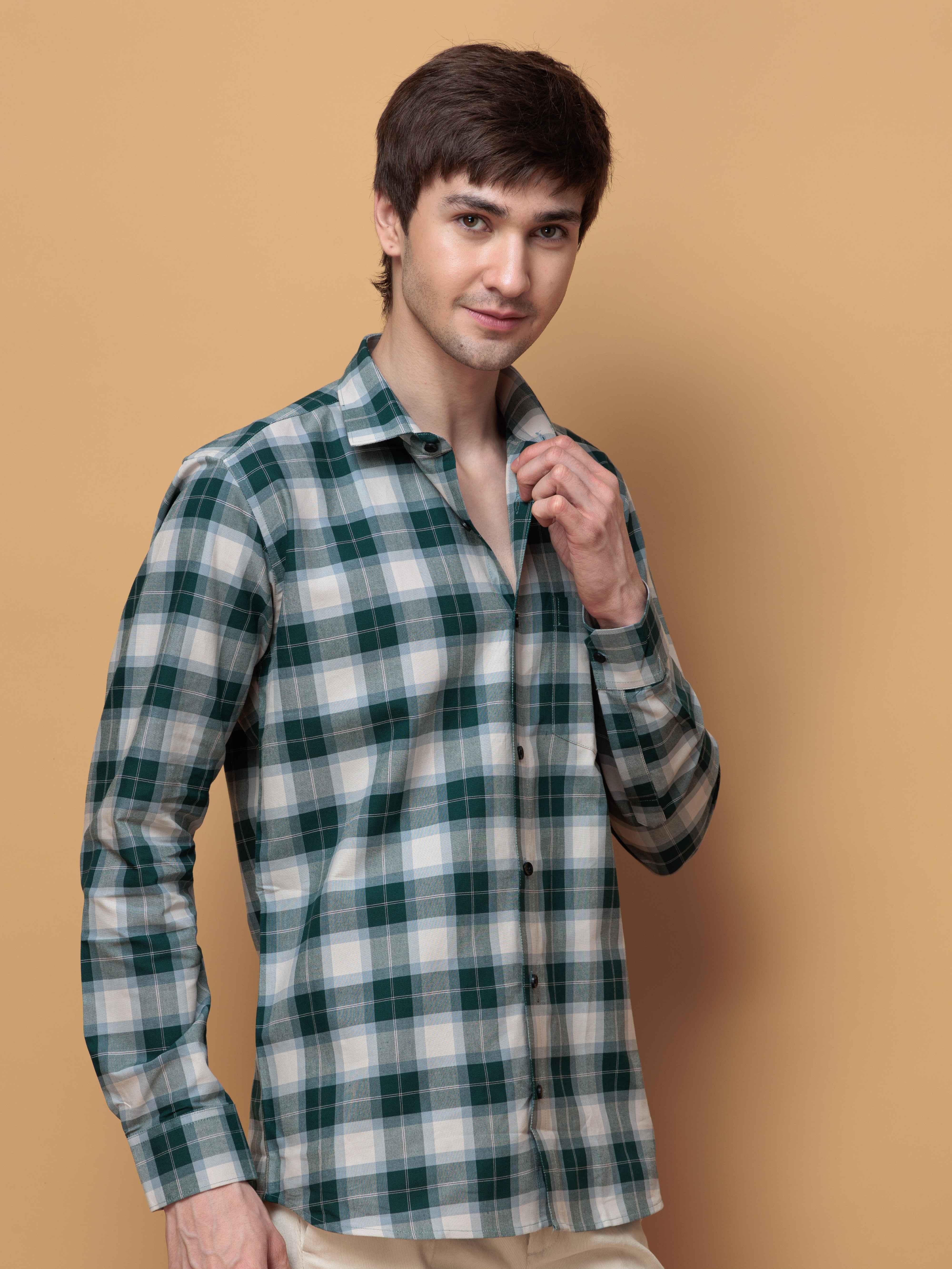 SQUARE GREEN CHECKED COTTON CASUAL SHIRT FOR MEN'S - Image 3