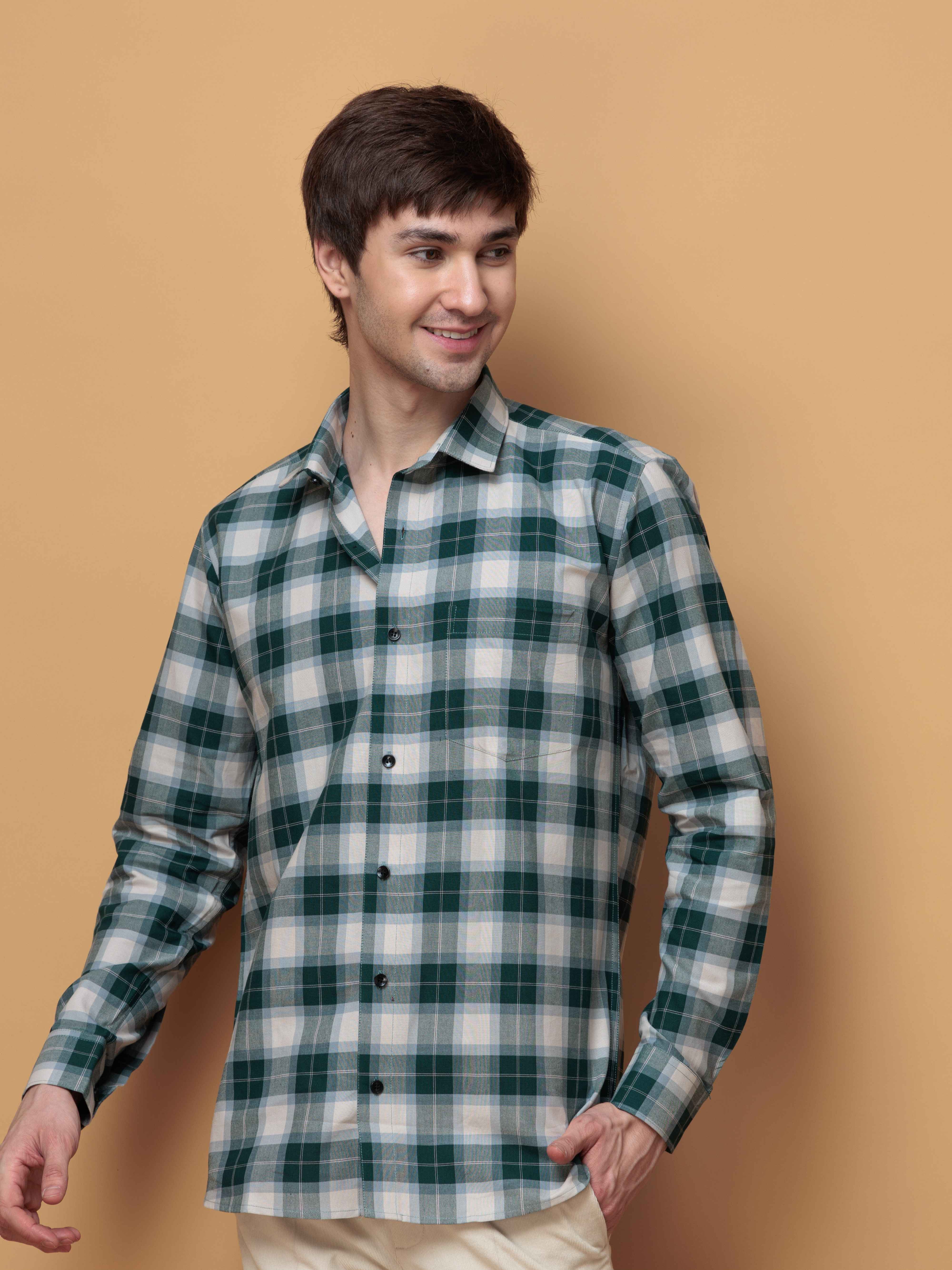 SQUARE GREEN CHECKED COTTON CASUAL SHIRT FOR MEN'S - Image 4