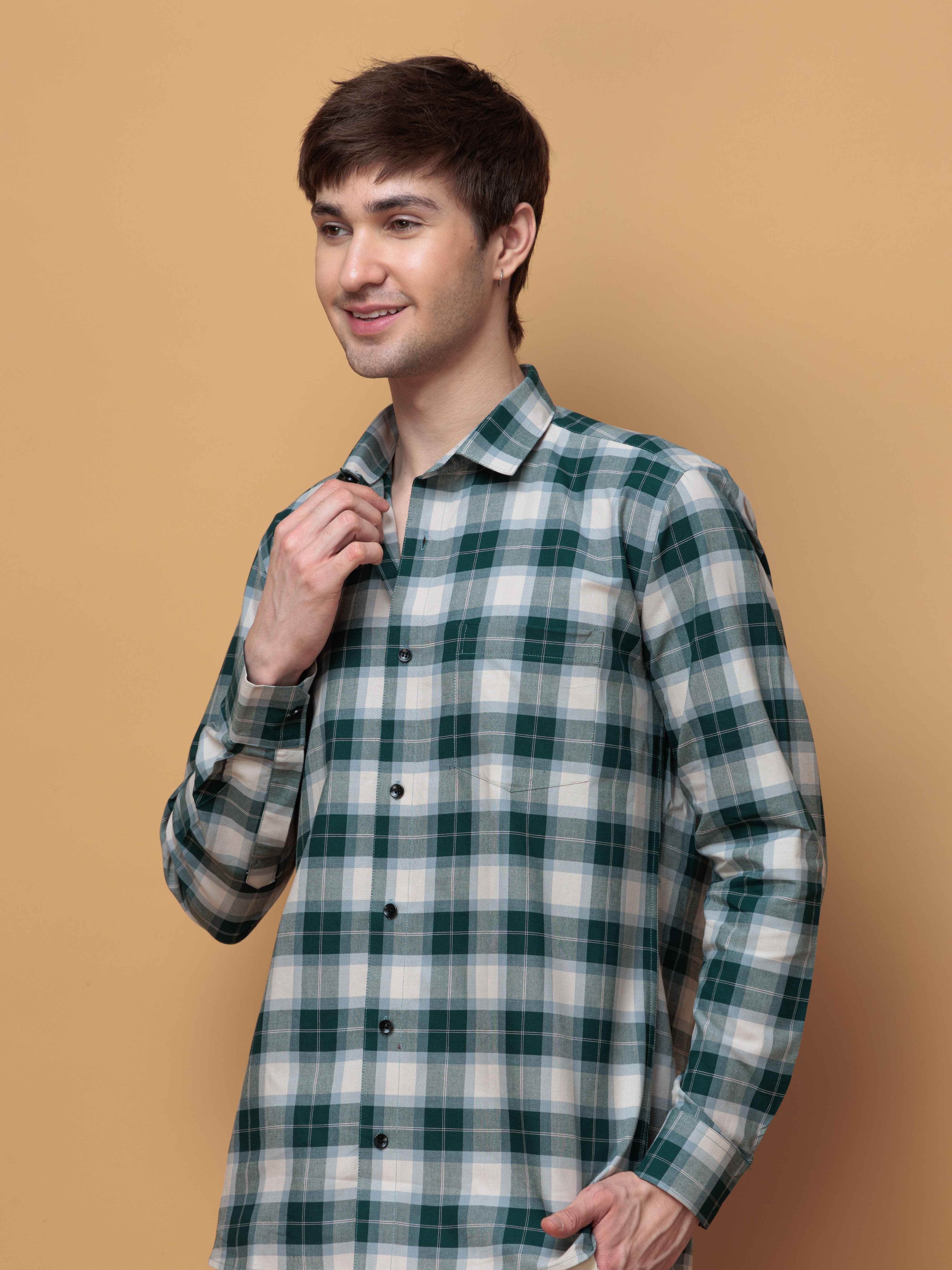 SQUARE GREEN CHECKED COTTON CASUAL SHIRT FOR MEN'S - Image 5