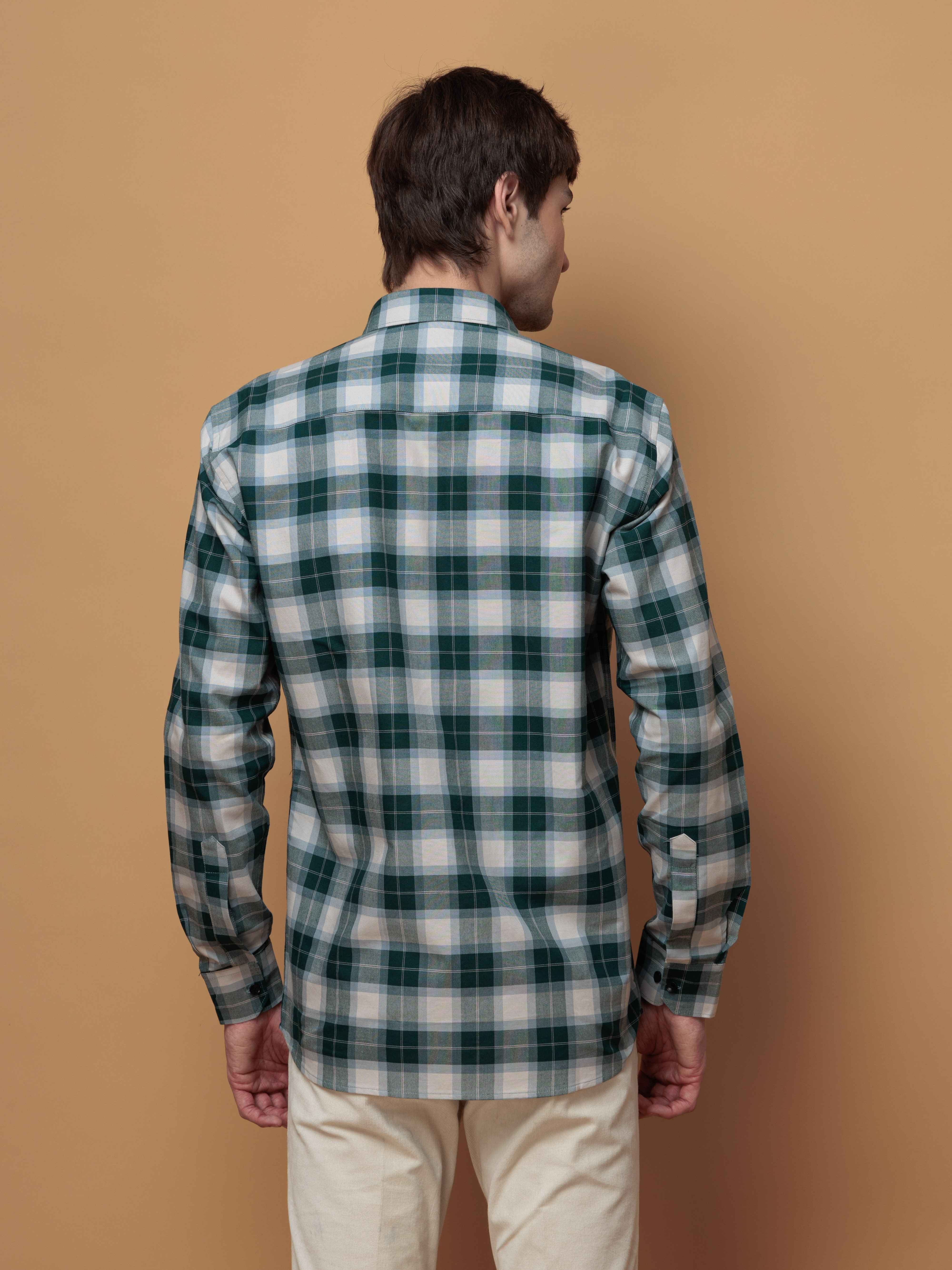 SQUARE GREEN CHECKED COTTON CASUAL SHIRT FOR MEN'S - Image 7
