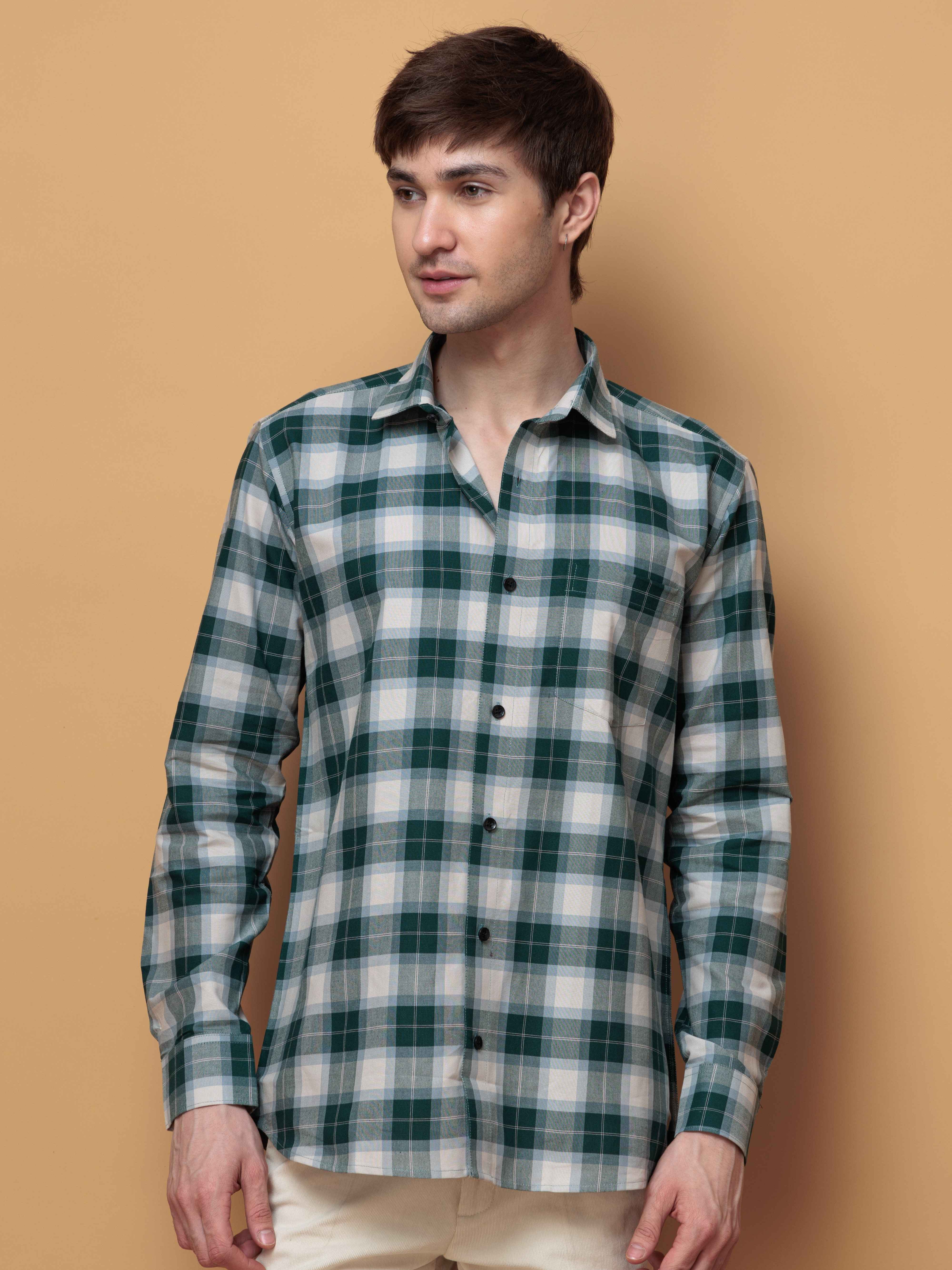 SQUARE GREEN CHECKED COTTON CASUAL SHIRT FOR MEN'S - Image 8