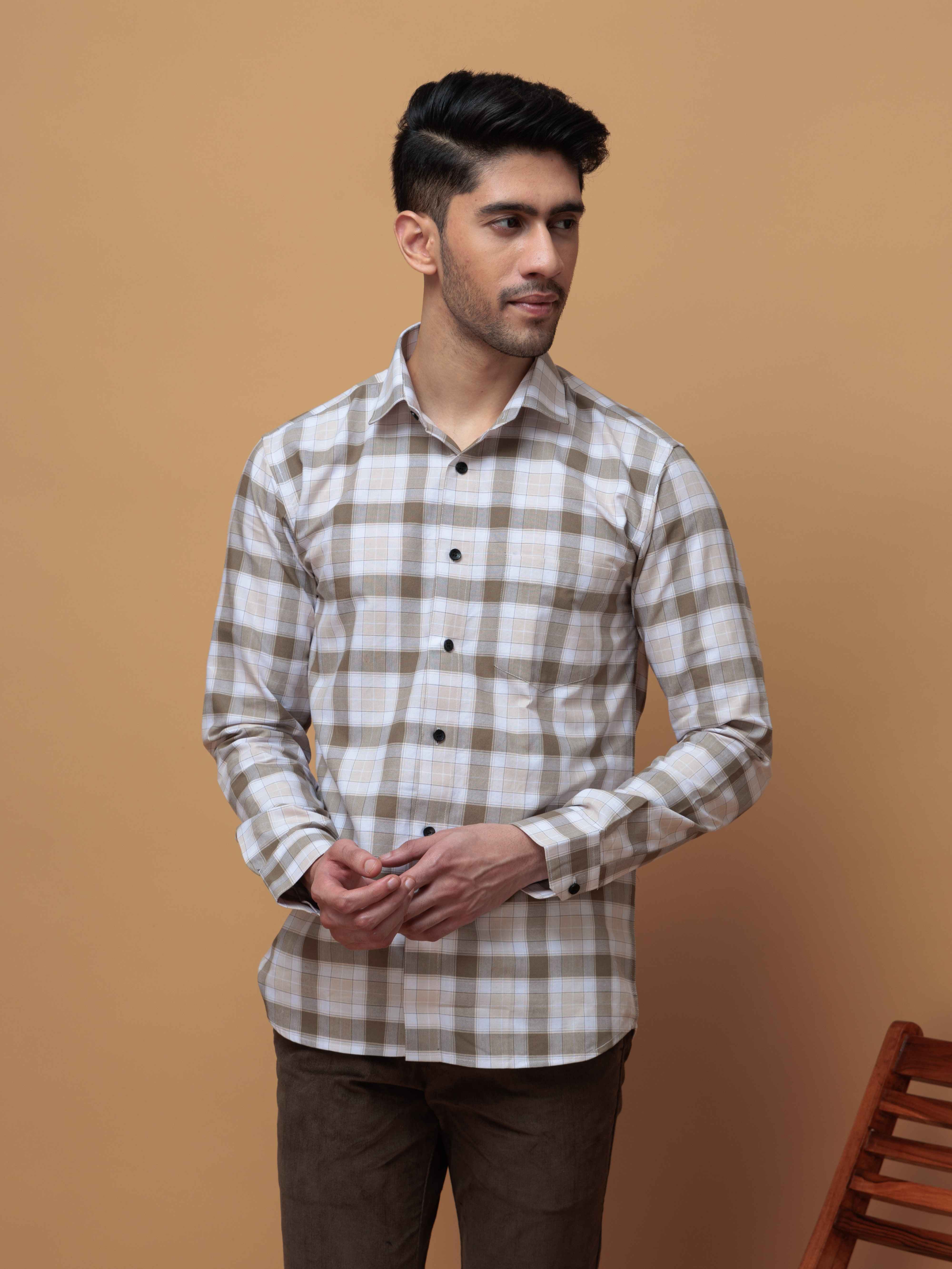 SQUARE WOOD CHECKED COTTON CASUAL SHIRT FOR MEN'S - Image 3