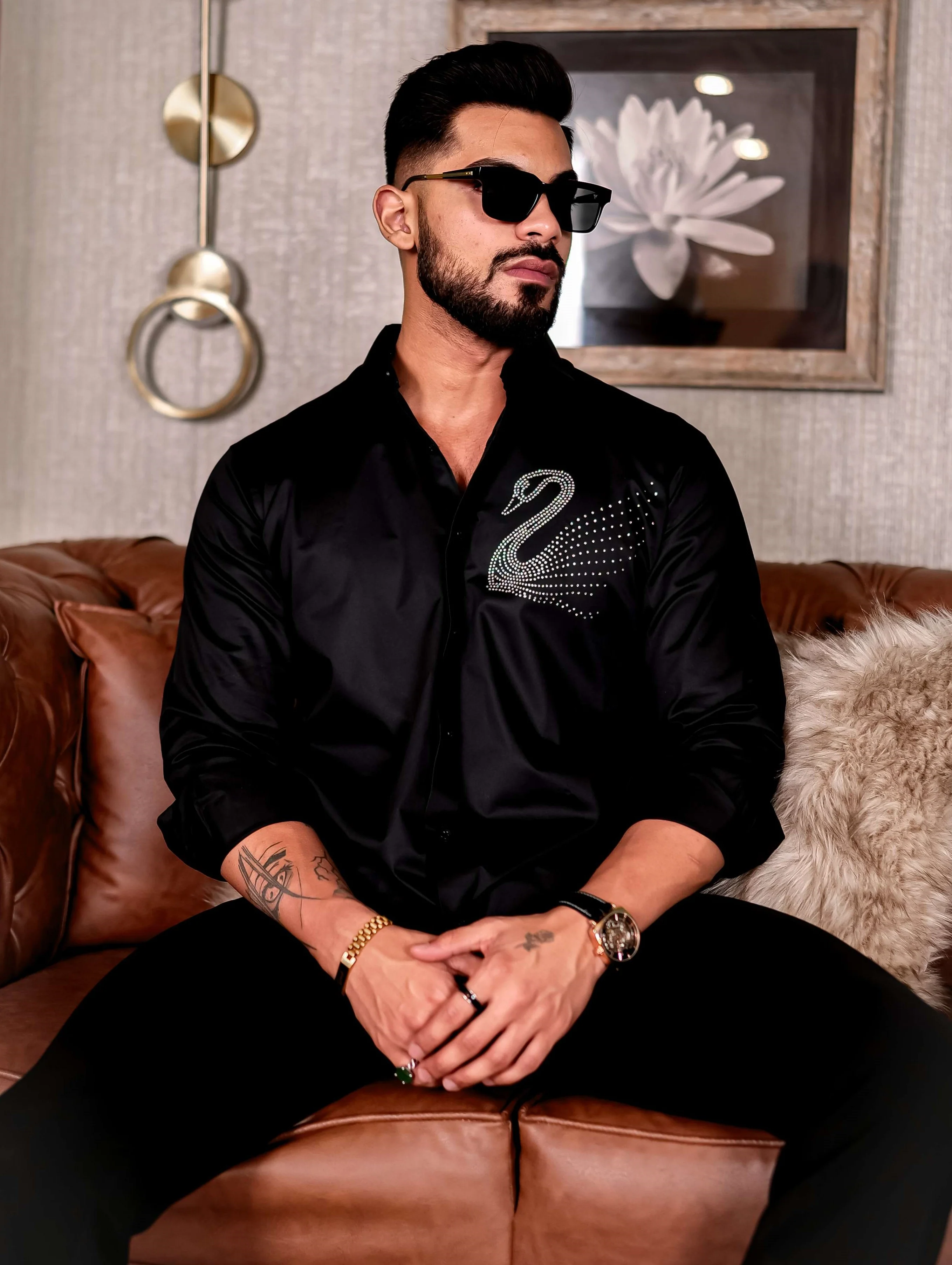 Starry Beaded Swan Black Club Wear Printed Satin Cotton Shirt - Image 3