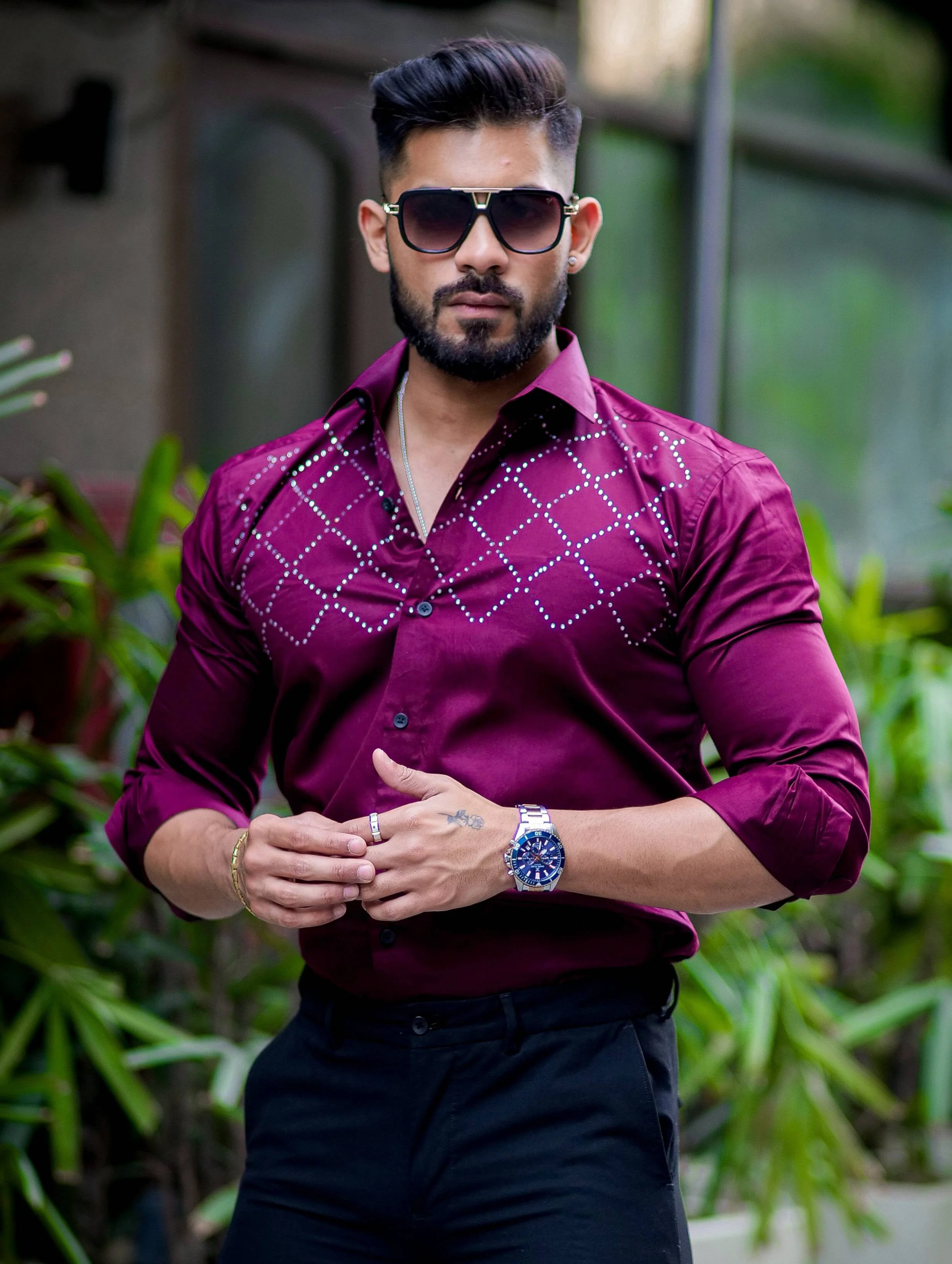 Starry Beaded Wine Berry Premium Cotton Shirt - Image 3