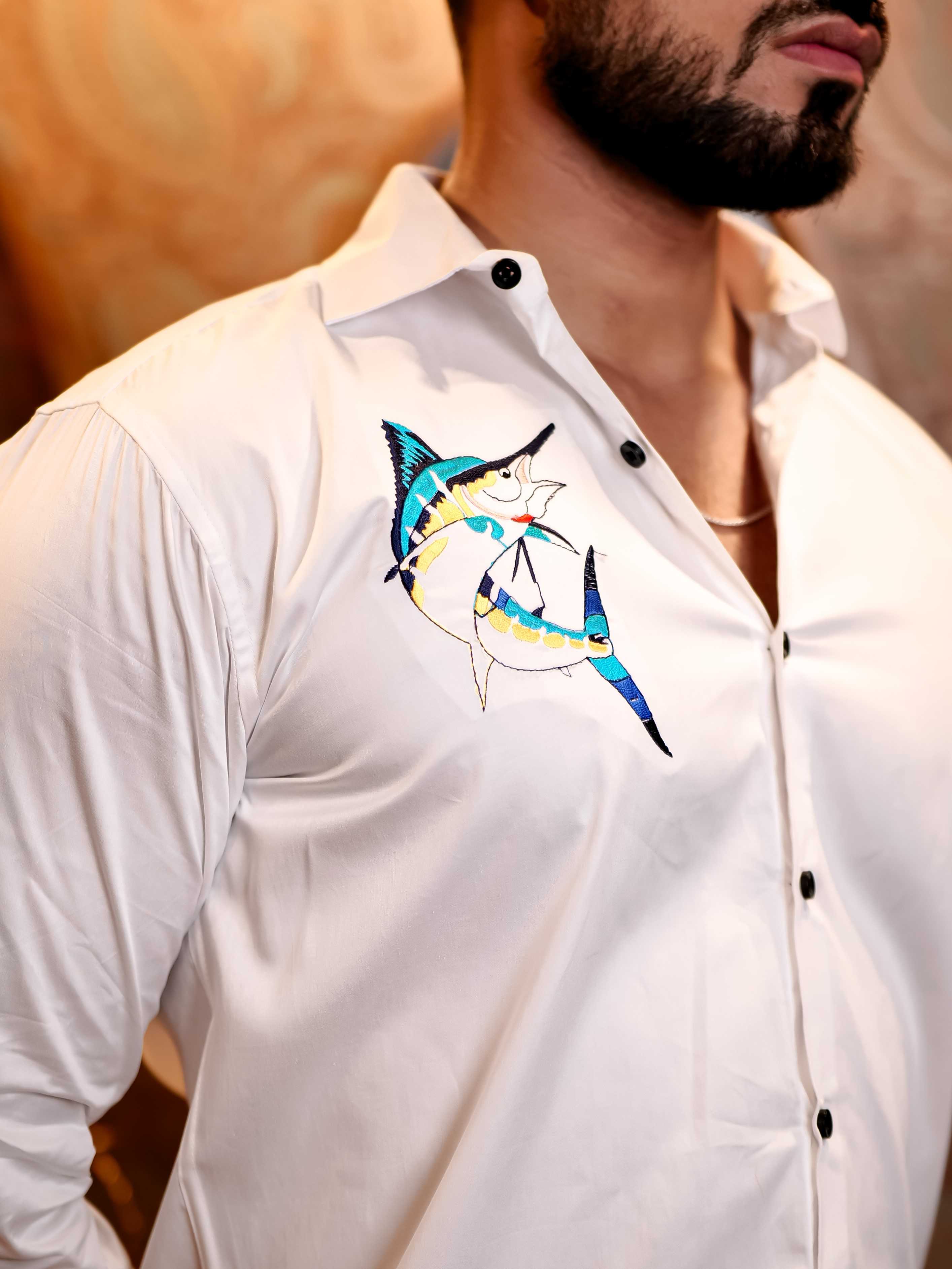 Sword Fish White Embroidered Club Wear Satin Cotton Shirt - Image 2