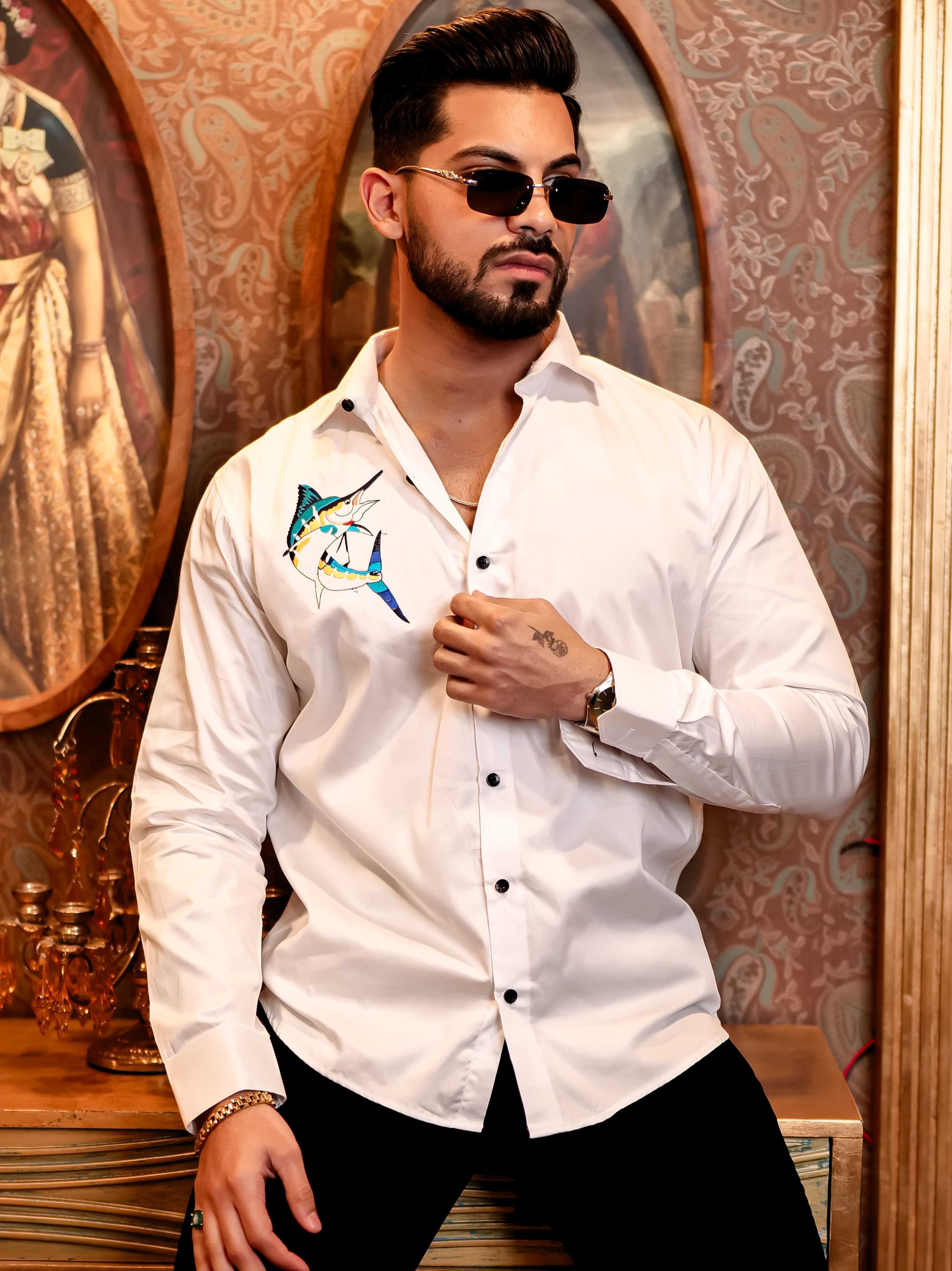 Sword Fish White Embroidered Club Wear Satin Cotton Shirt - Image 6