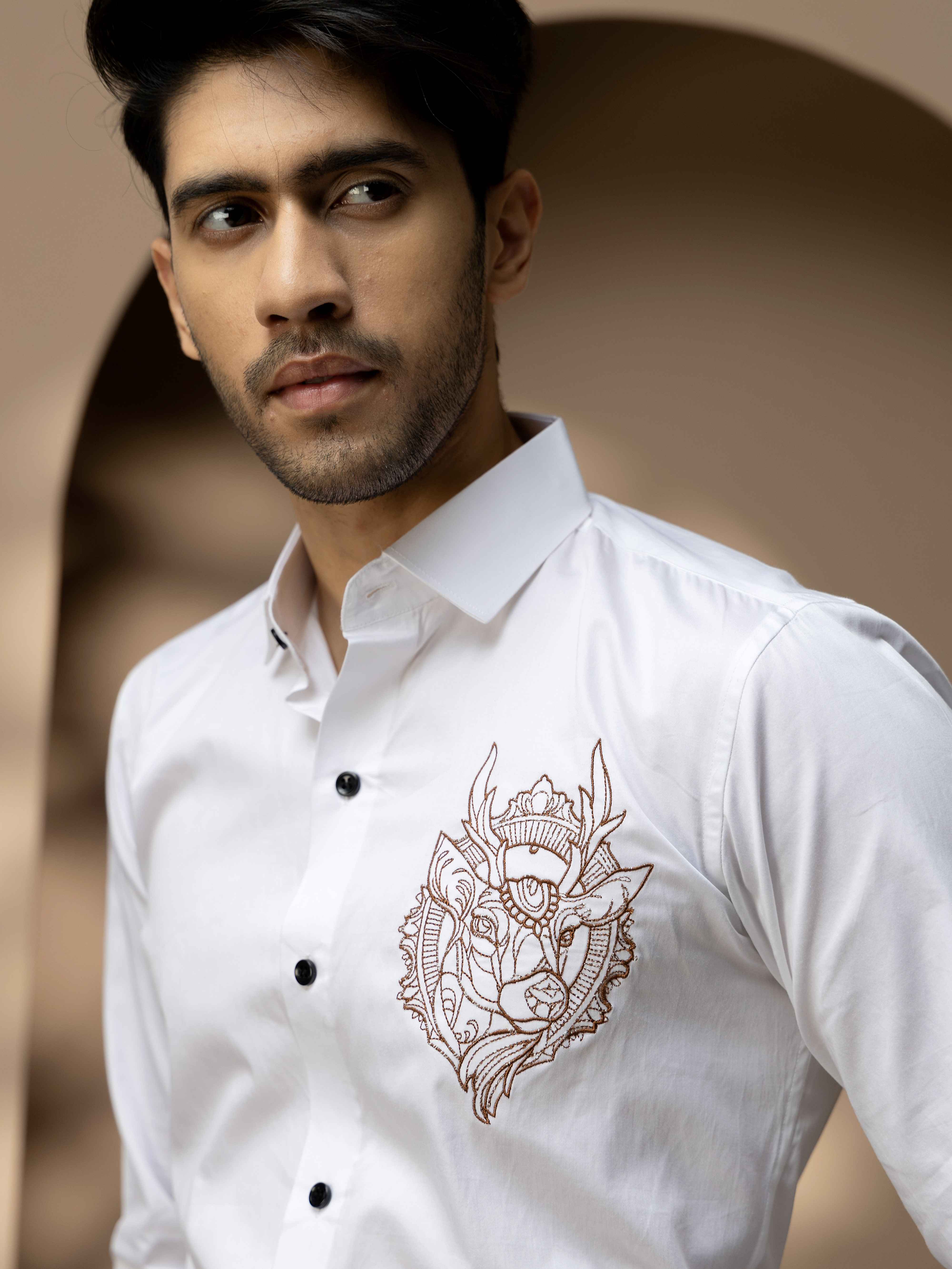 Foomer Moose White Embroidered Club Wear Satin Cotton Shirt - Image 2