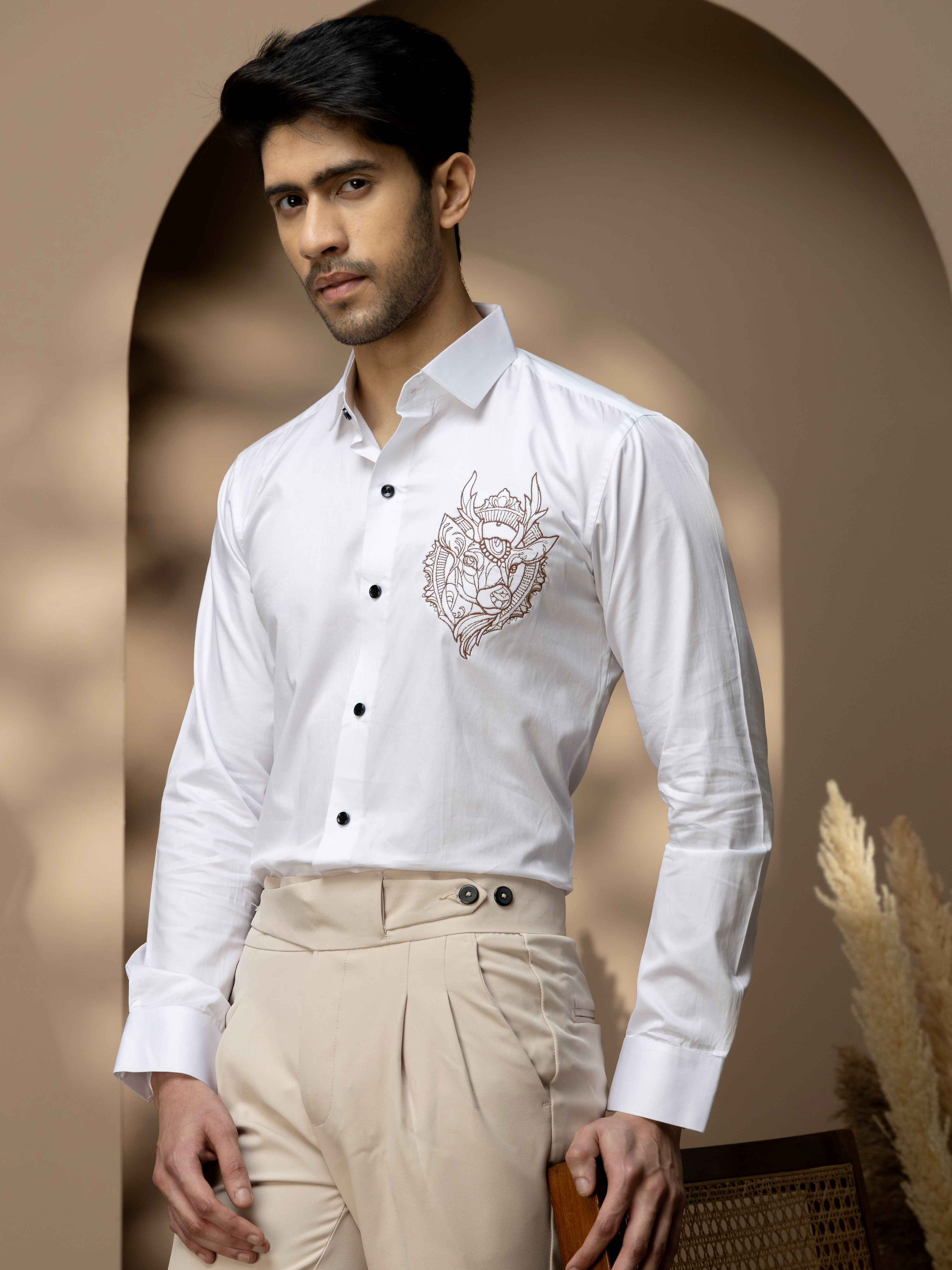 Foomer Moose White Embroidered Club Wear Satin Cotton Shirt - Image 3