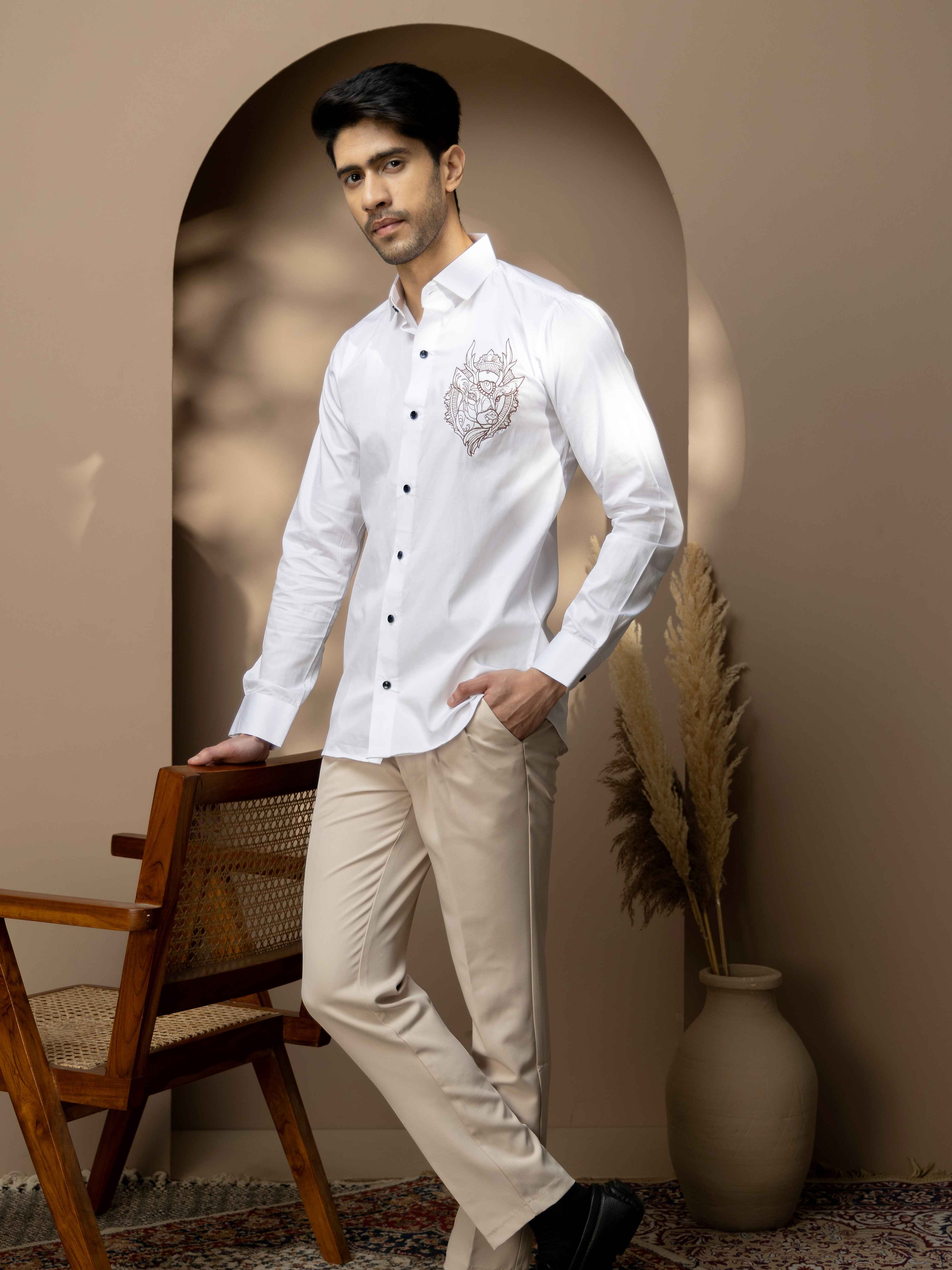 Foomer Moose White Embroidered Club Wear Satin Cotton Shirt - Image 5