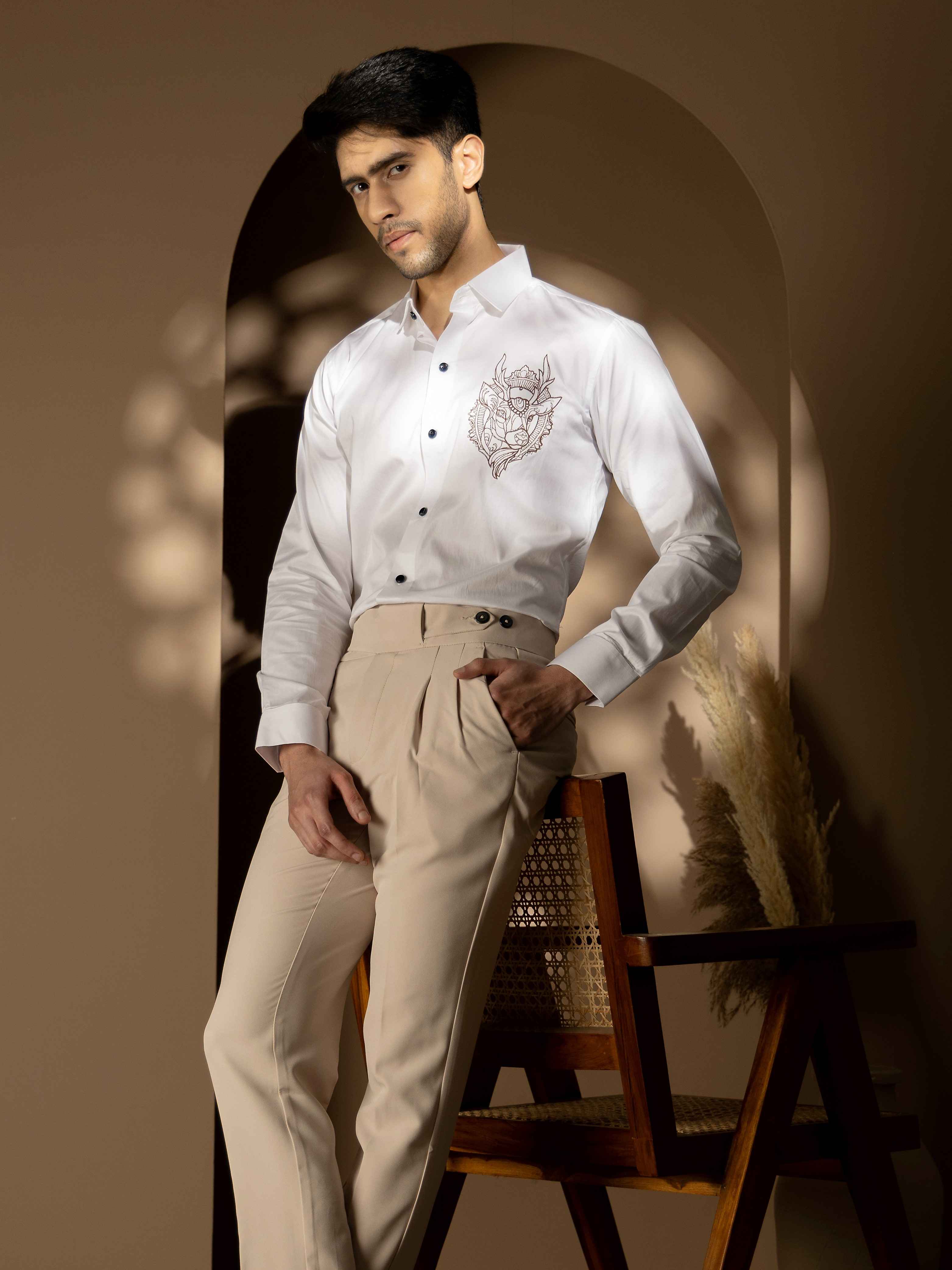 Foomer Moose White Embroidered Club Wear Satin Cotton Shirt - Image 7