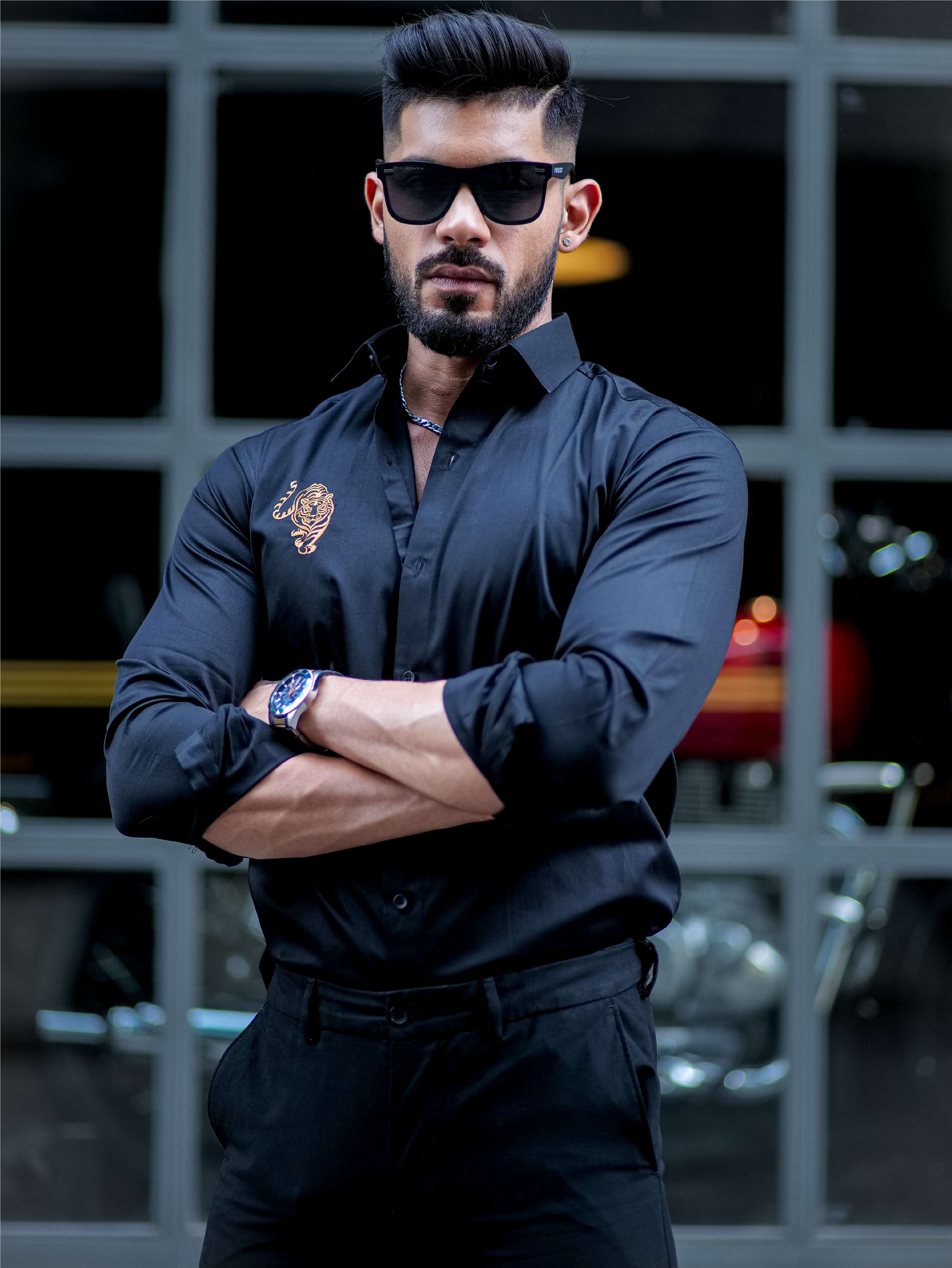 Tiger Embroidered Black Luxury Cotton Shirt - Image 4