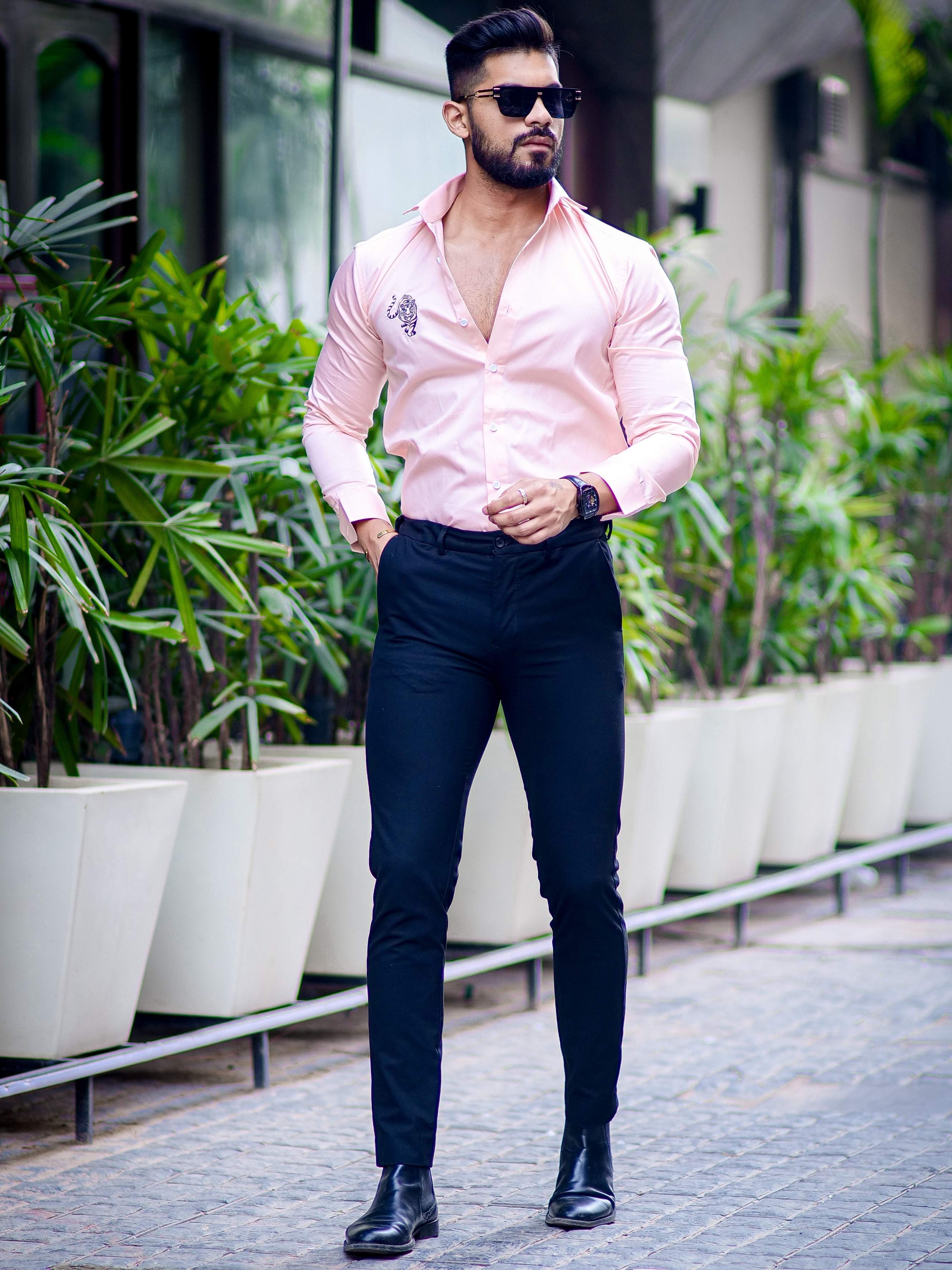 Tiger Embroidered Peach Premium Cotton Shirt For Men's - Image 3