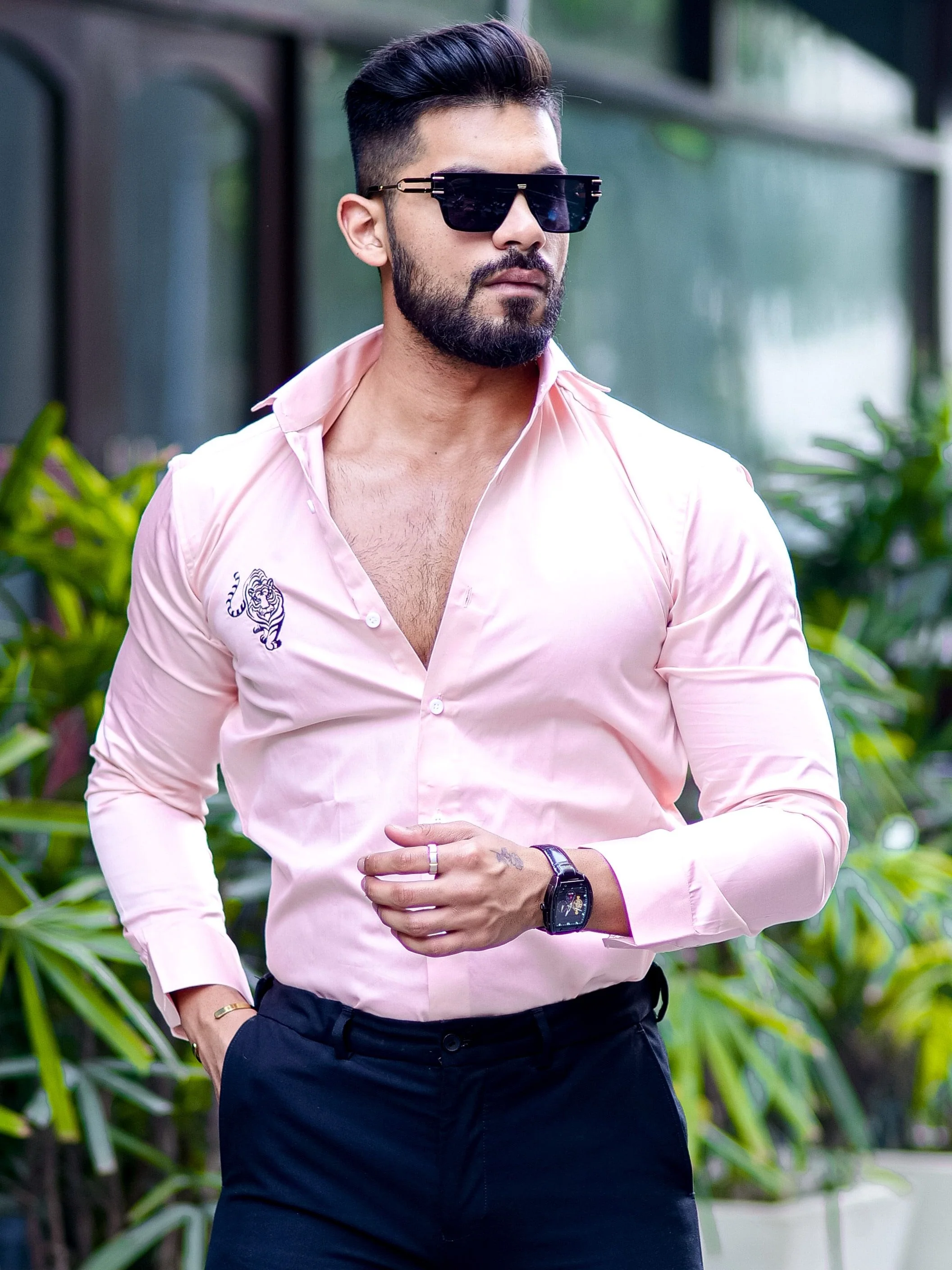 Tiger Embroidered Peach Premium Cotton Shirt For Men's - Image 4